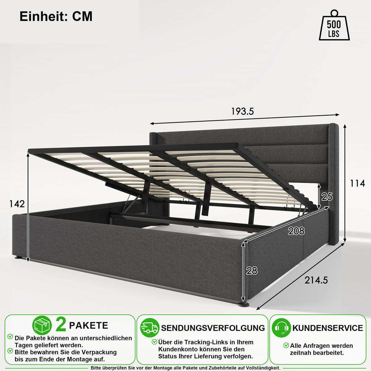 POLSTERBETT 180/200 cm in Grau Leinen mit Bettkasten und Hydraulik - Grau, Holzwerkstoff/Textil (180/200cm) - CHICFURN