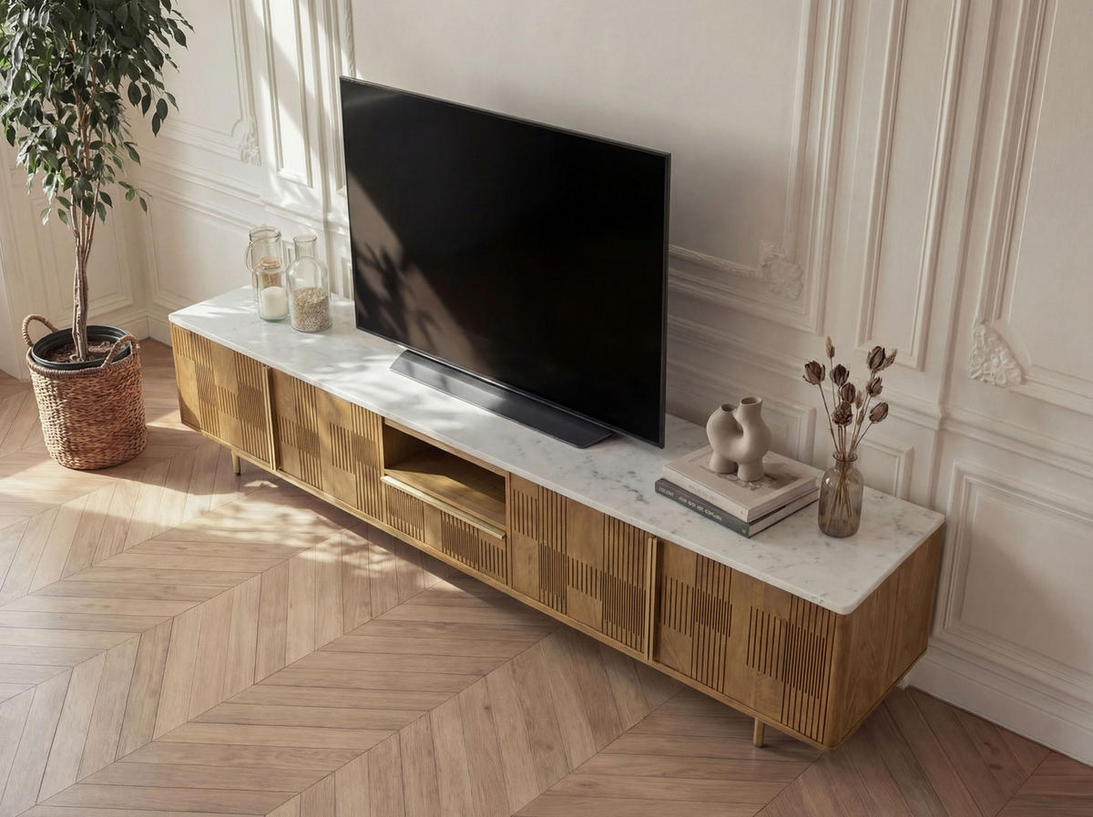 TV-BOARD Mango 240x40x50 hellbraun geölt / Marmor weiß MIAMI #107 - Braun, Holz (240/50/40cm) - Massivmoebel24