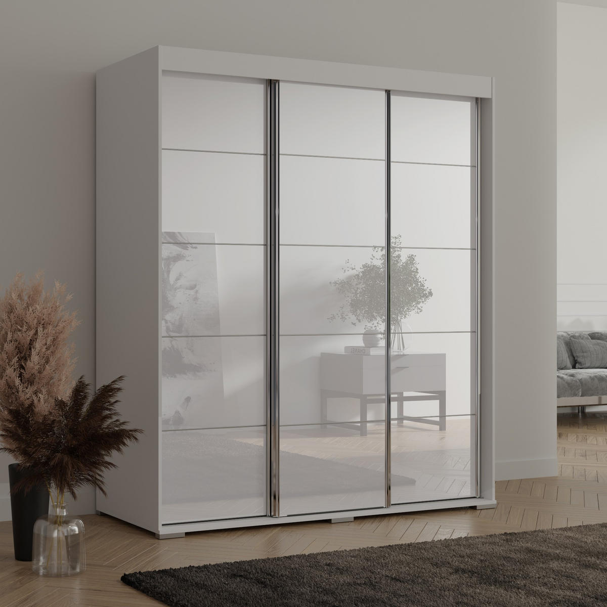 SCHIEBETÜRENSCHRANK mit Schubladen Como 3D 180 Weiß (lacobel) - Silberfarben/Weiß, Holzwerkstoff/Metall (180/208/67cm) - mzm24