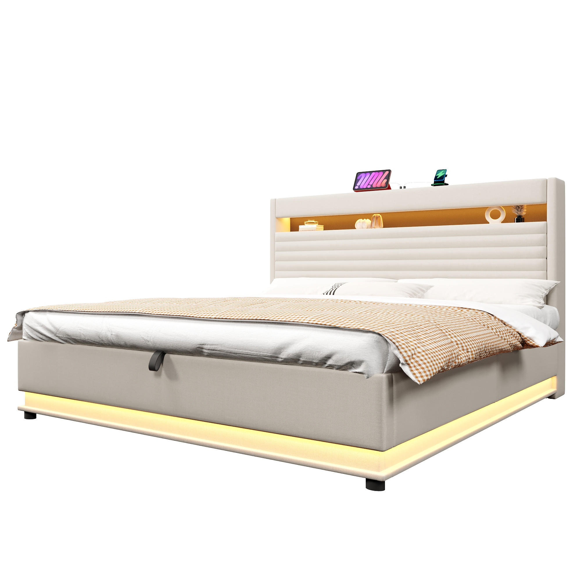 POLSTERBETT 180x200cm Hydraulik LED USB Typ C Leinen Beige - Beige, Naturmaterialien (180/200cm) - FLIEKS