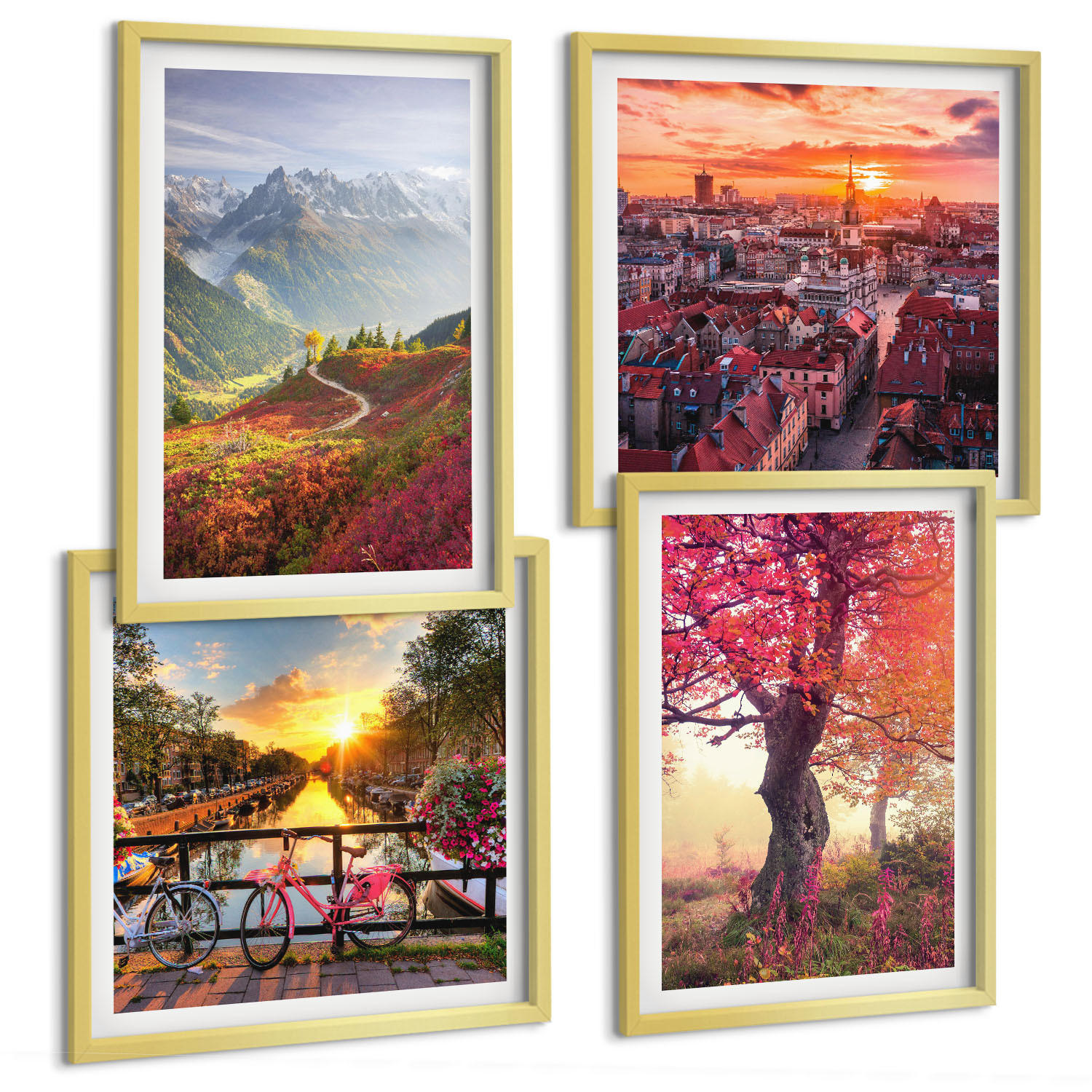 BILDER SET 4er Set - 50x50 cm & 40x60 cm Goldrahmen - Berglandschaften mit dem Fahrrad - Goldfarben, Kunststoff (50/50cm) - TULUP