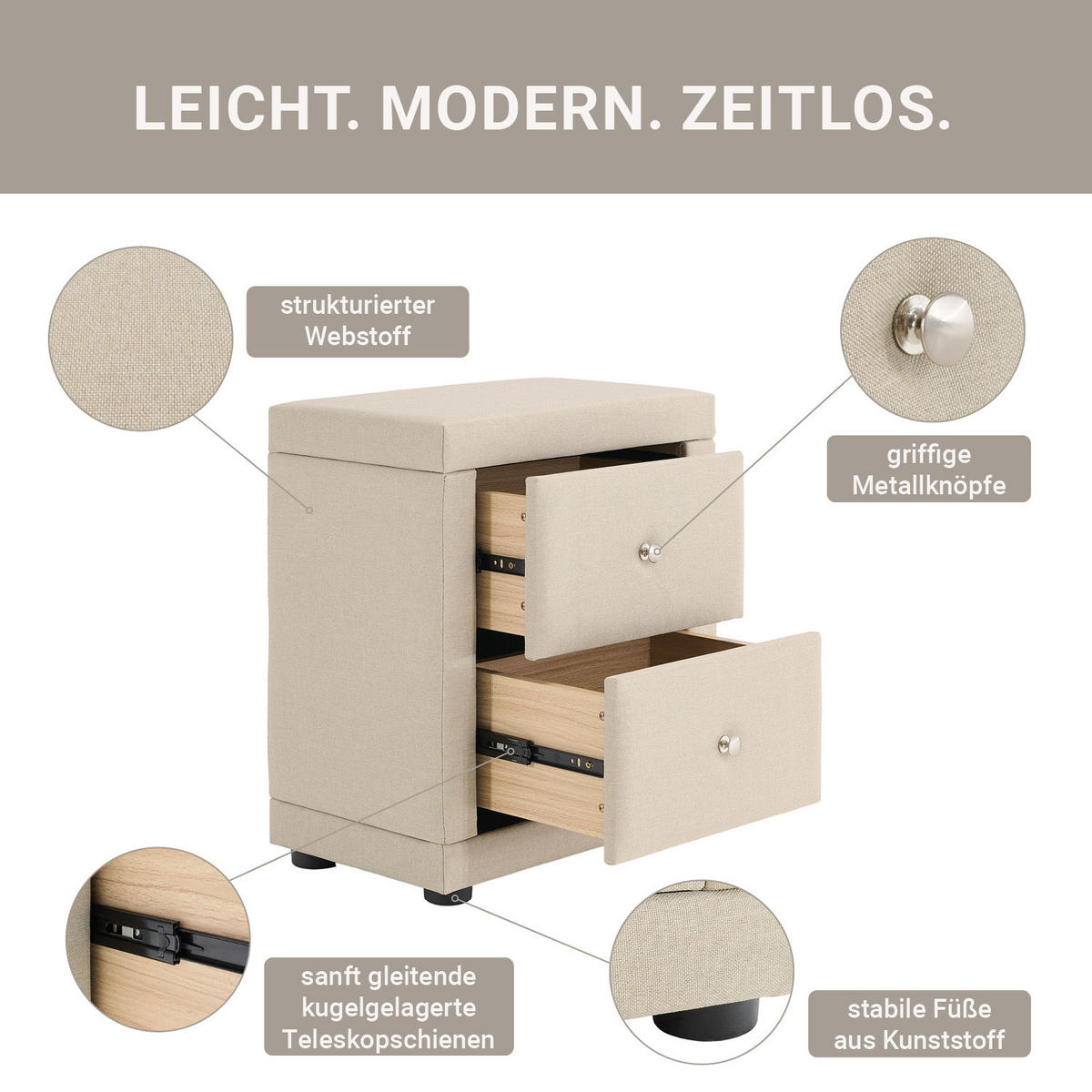 NACHTTISCH beige mit 2 Schubladen - Beige, Textil (47/54/29cm) - Homestyle4u