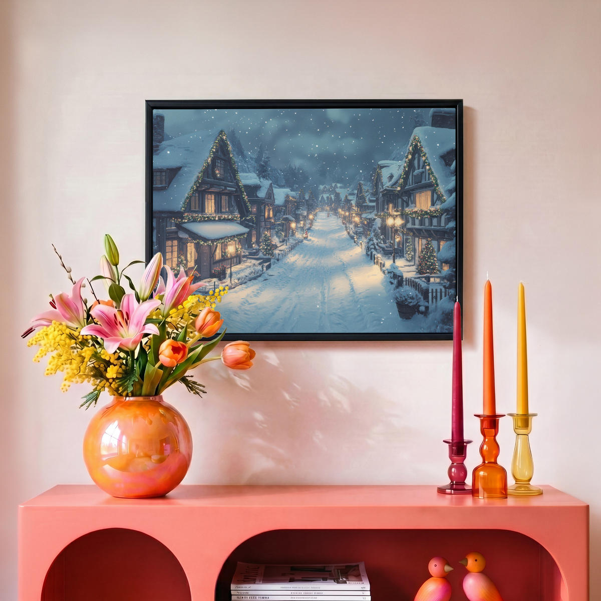 LEINWAND Bilder mit Rahmen - Weihnachtsdorf - Weihnachten - Schnee - Winter - 40x30 - Dunkelblau, Textil (40/30cm) - MuchoWow
