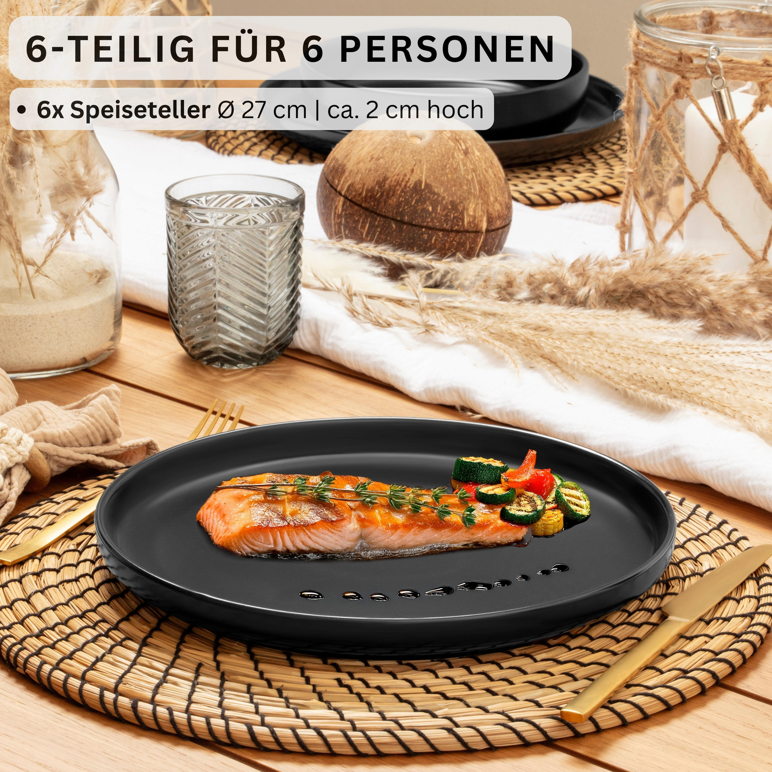 SPEISETELLER SET MADEIRA- 6 teilig aus Steingut - Schwarz, Keramik (27cm) - Sänger