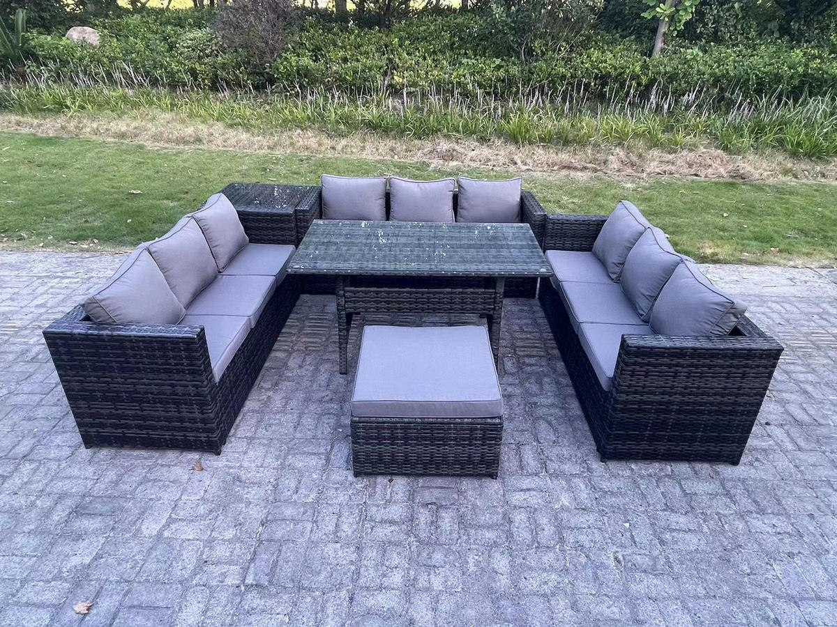 GARTENMÖBEL SET mit Hocker,Esstisch Polyrattan 10-Sitzer - Dunkelgrau/Grau, Glas/Kunststoff - Fimous