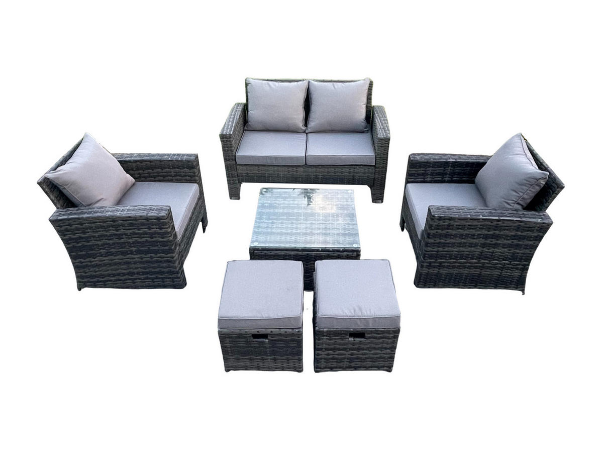 GARTENGARNITUR Polyrattan Dunkelgrau 6-Sitzer - Dunkelgrau, Metall - Fimous