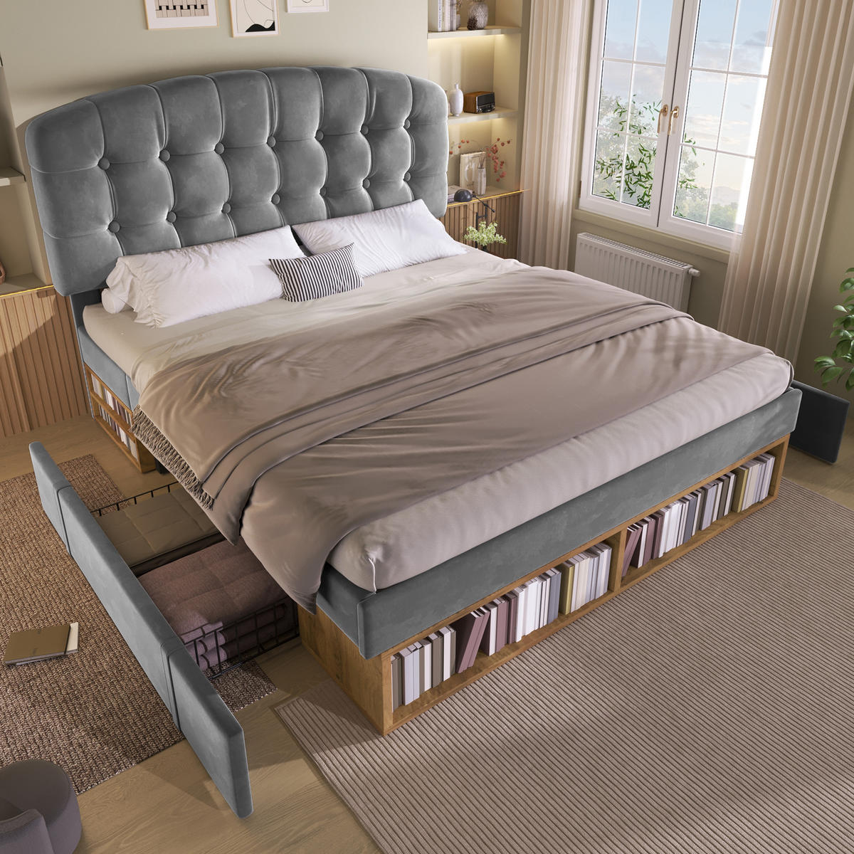 POLSTERBETT 140/200 cm Grau mit 2 Schubladen und Stauraum - Grau, Textil (140/200cm) - Oxeza