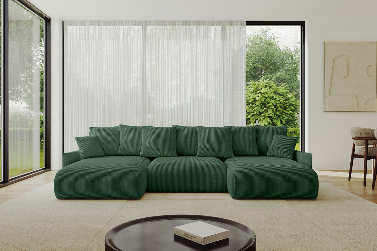 WOHNLANDSCHAFT mit Schlaffunktion und Bettkasten ONESK-U-v1 304x165x40 Grün Cord - Grün, Holzwerkstoff/Kunststoff (304/90/165cm) - ALTDECOR