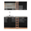 SINGLEKÜCHE R-Line Schwarz Hochglanz/Goldkraft Eiche 160 cm, AP Marmor - Schwarz Hochglanz/Eiche Wotan, Holzwerkstoff (160/81.6/60cm) - Vicco