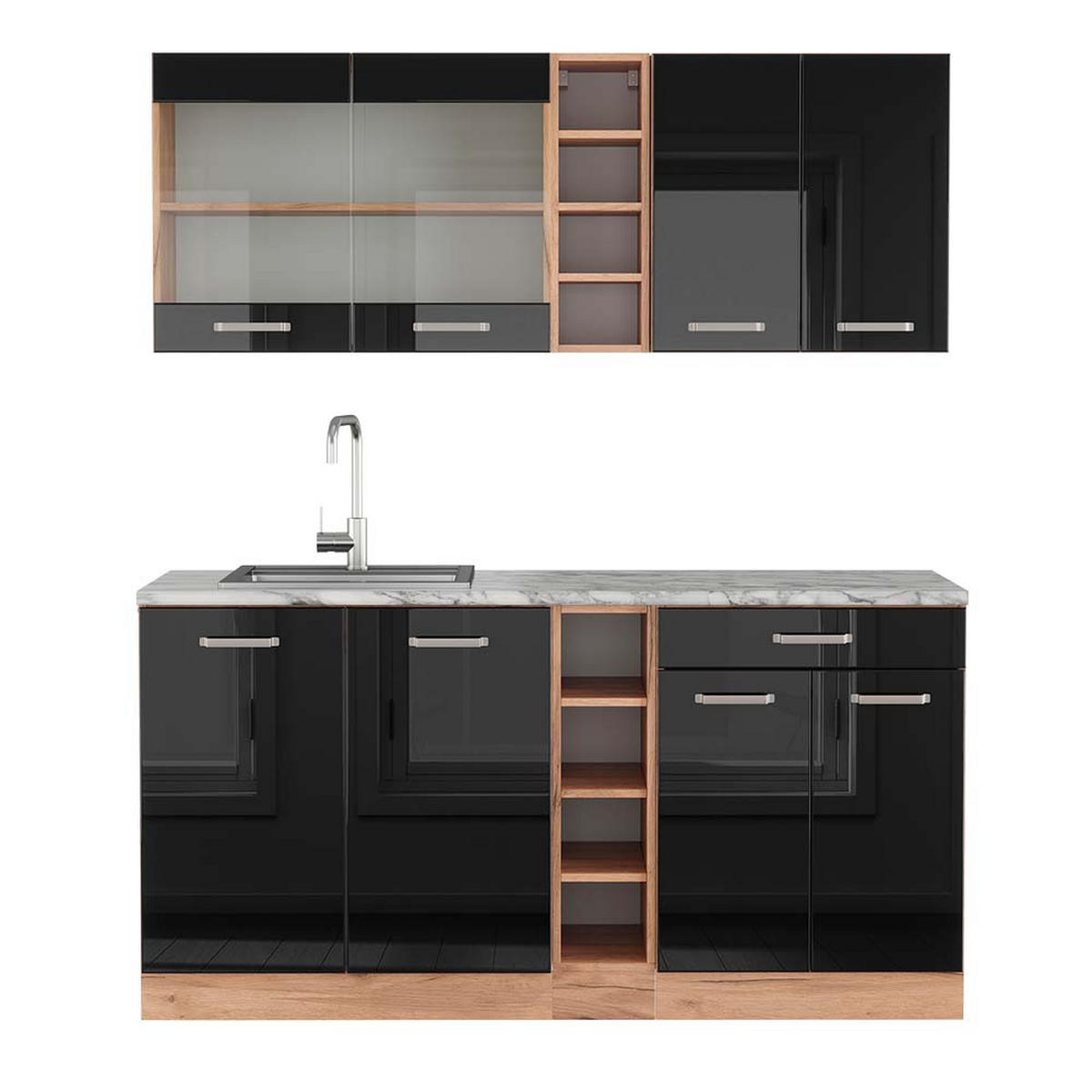 SINGLEKÜCHE R-Line Schwarz Hochglanz/Goldkraft Eiche 160 cm, AP Marmor - Schwarz Hochglanz/Eiche Wotan, Holzwerkstoff (160/81.6/60cm) - Vicco