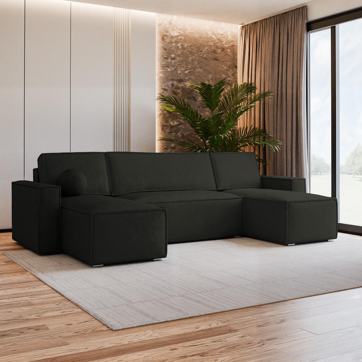WOHNLANDSCHAFT PESANO M Schwarz Velours-Stoff mit Schlaffunktion - Schwarz, Holz (306/85/140cm) - MASSENO