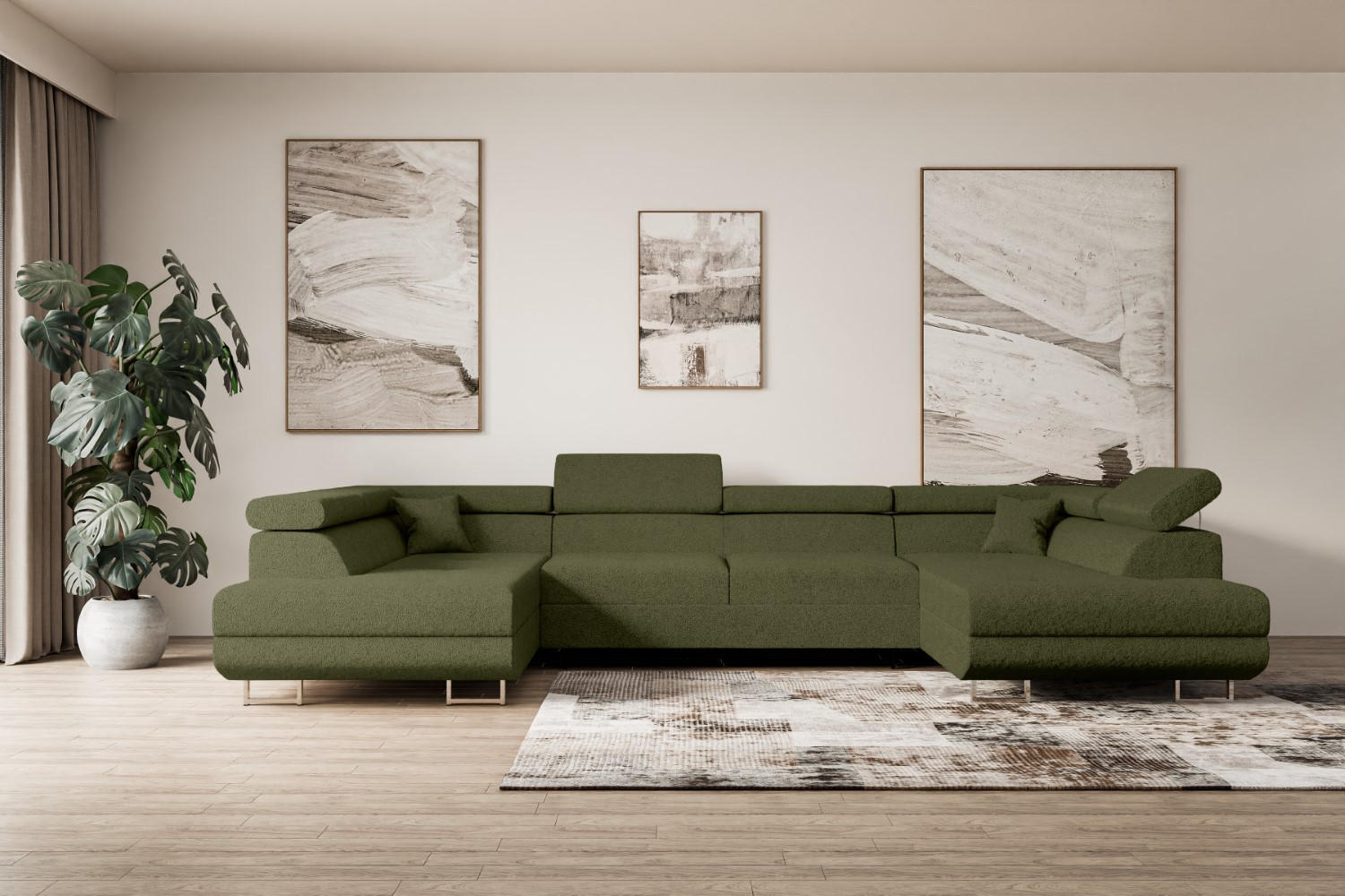 WOHNLANDSCHAFT mit Schlaffunktion und Bettkasten GUSA-U 342x202x107 cm Grün Bouclé - Silberfarben/Grün, Holzwerkstoff/Textil (342/107/202cm) - ALTDECOR