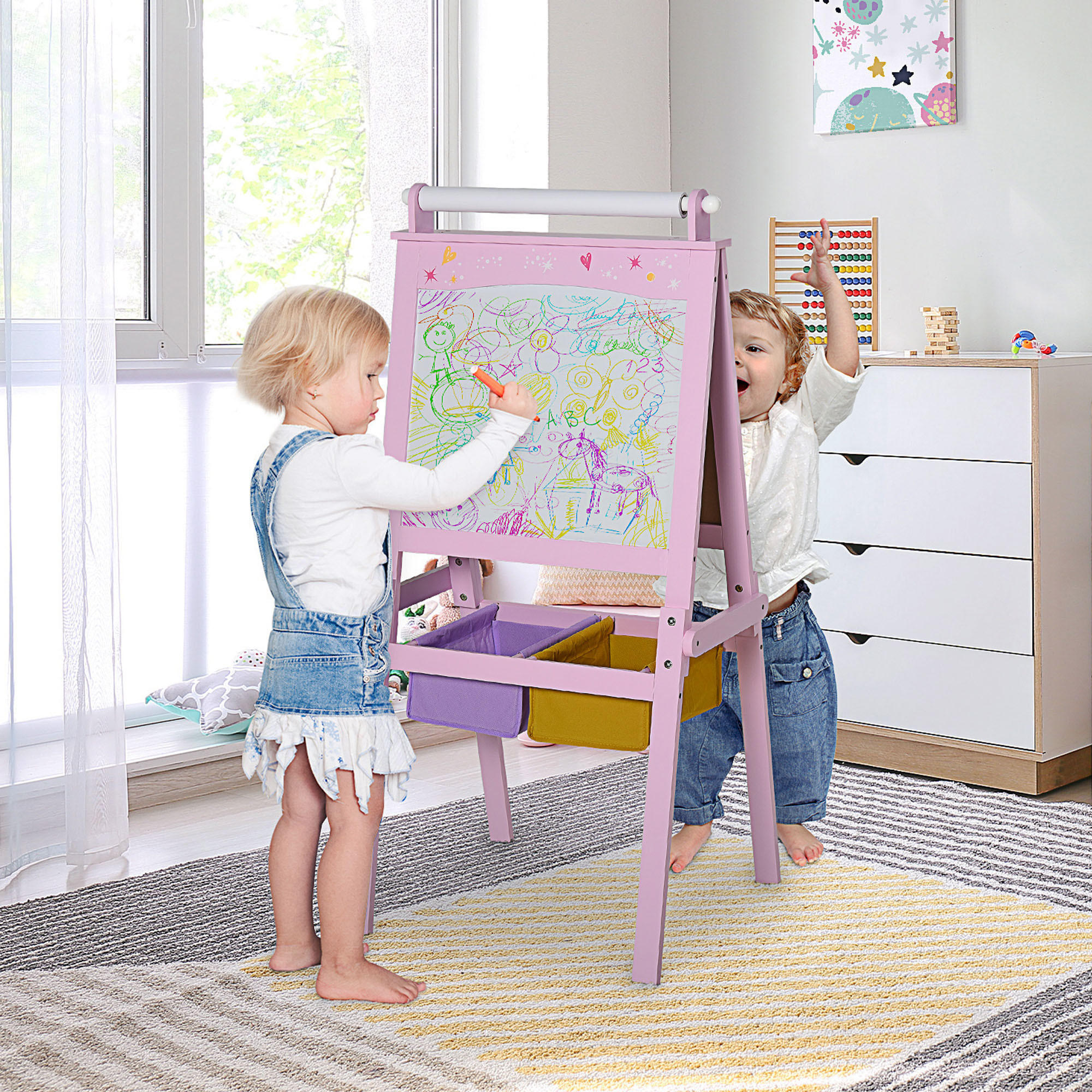 KINDERSTAFFELEI , Rosa, MDF, Vliesstoff, 58,5cm x 50,5cm x 118cm - Rosa, Holz (50.5/118/58.5cm) - HOMCOM
