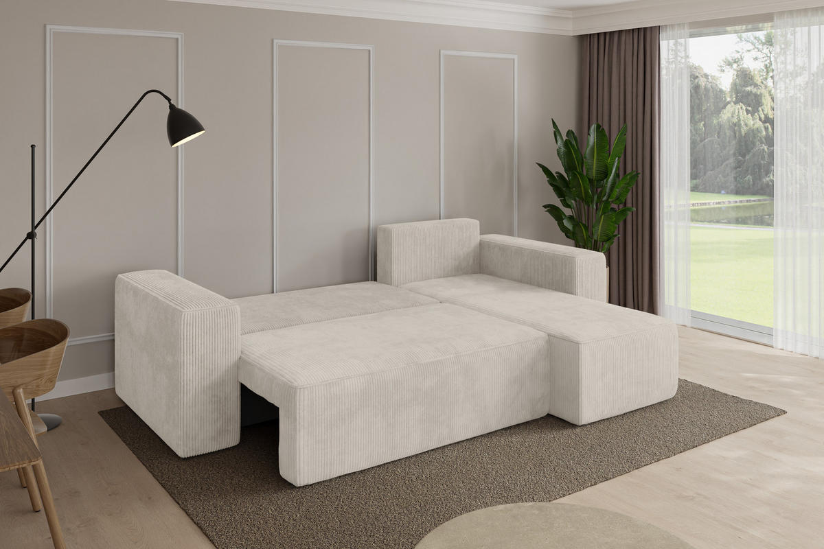 ROHOVÁ SEDAČKA s funkcí spaní, otoman vpravo SENO-L 249x139x85 krémová manšestr - černá/krémová, kompozitní dřevo/textil (249/139cm) - ALTDECOR