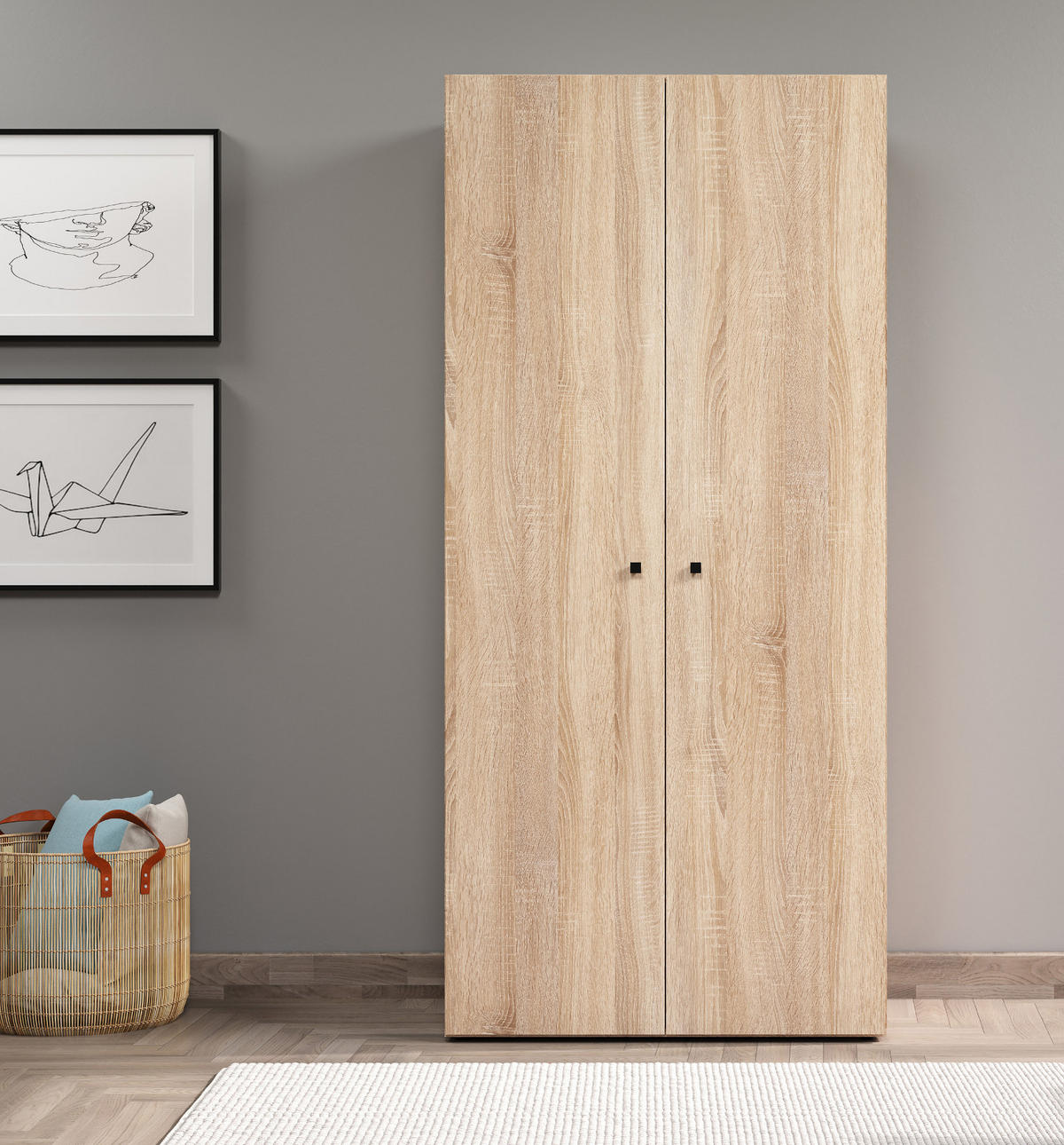 KLEIDERSCHRANK Eiche Sonoma hell 81 x 176 cm, Drehtürenschrank 2-türig - Schwarz/Sonoma Eiche, Holzwerkstoff/Kunststoff (81/176/51cm) - Top.Furn