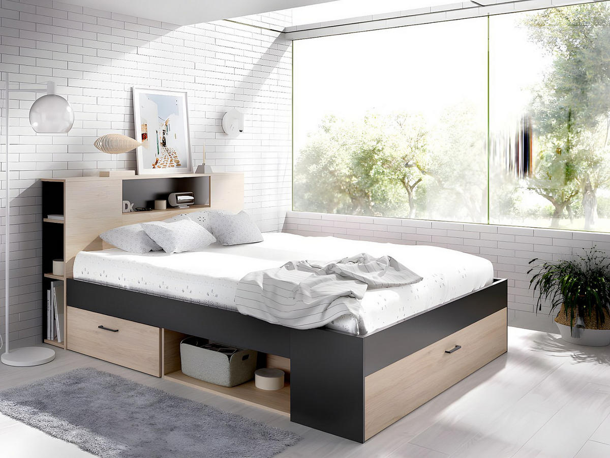 BETT mit Kopfteil, Stauraum & Schubladen - 160 x 200 cm - Naturfarben & Anthrazit - LEANDRE - Anthrazit, Holz (169.5/228.5cm) - Vente-Unique