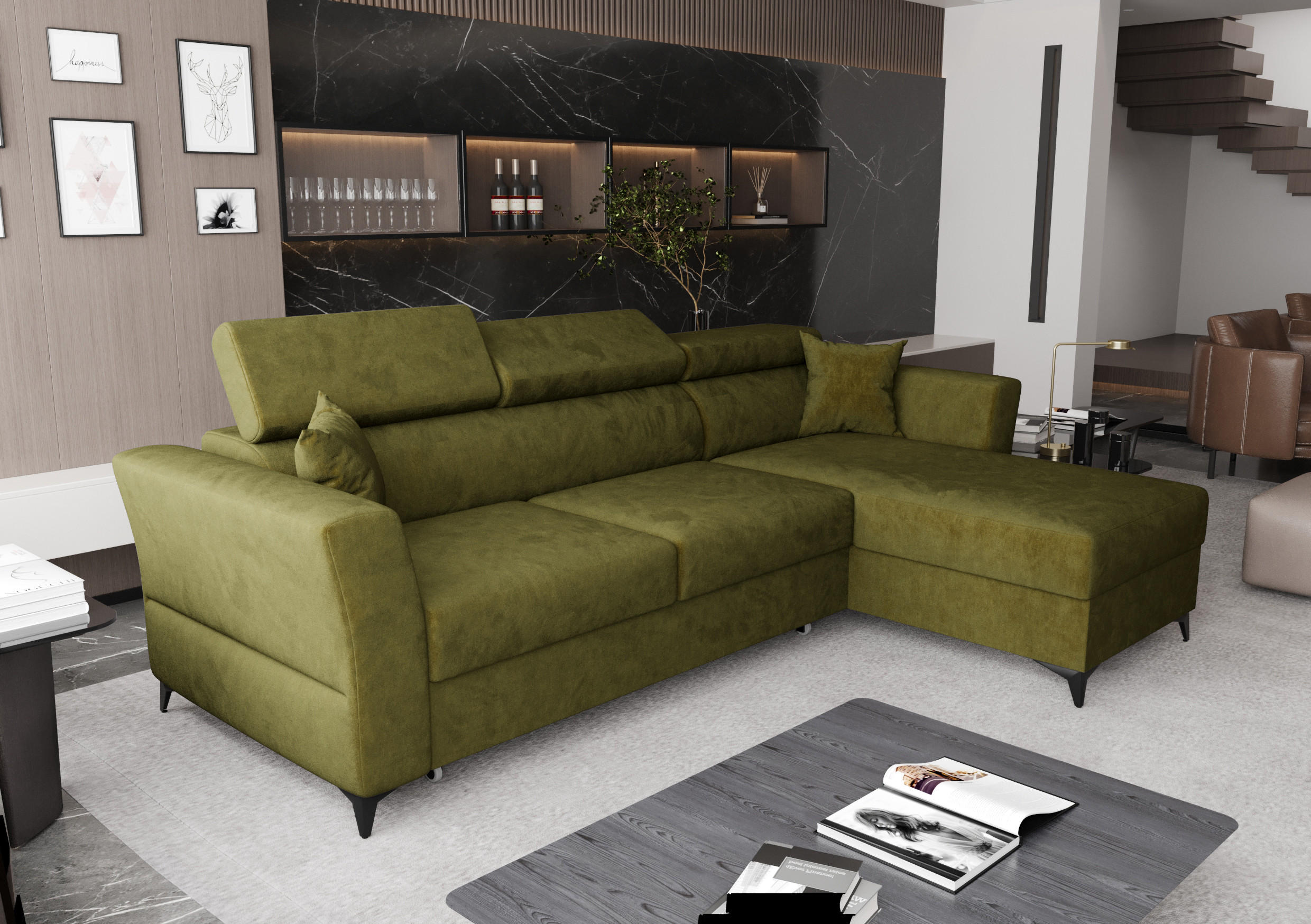 ECKSOFA L Form Ribella Olivgrün 265/180/100 cm Rechts mit Schlaffunktion - Schwarz/Grün, Textil/Metall (265/180cm) - AX Living