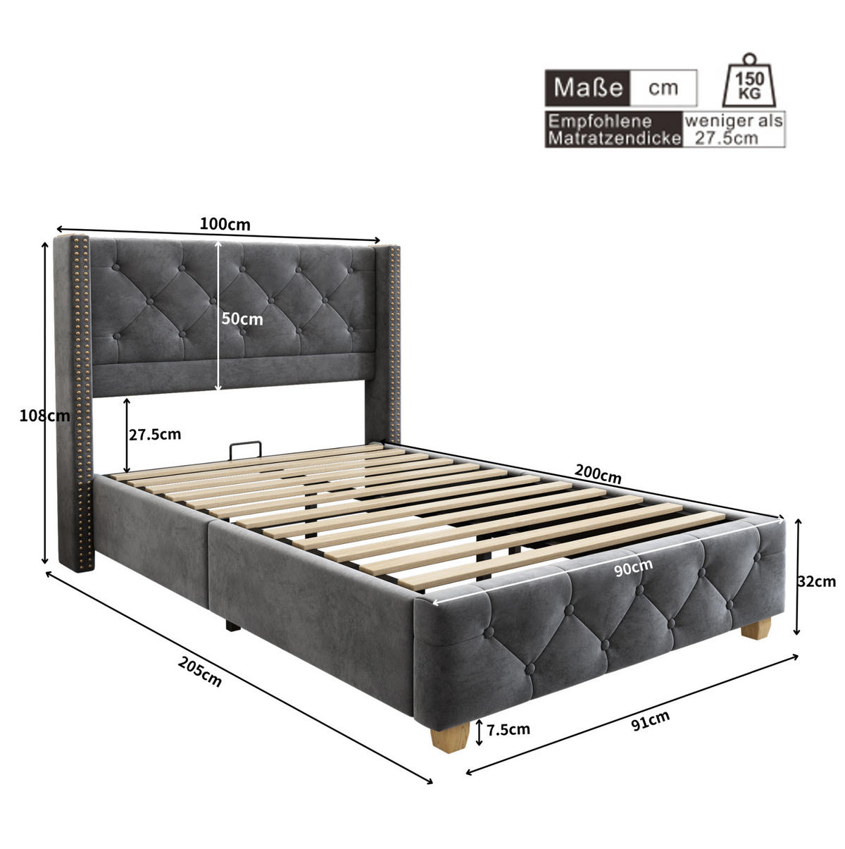 POLSTERBETT 90/200 cm mit Lattenrost, Samtbezug, Knopfheftung und Nietenverzierung, Grau - Grau, Textil (90/200cm) - Redom
