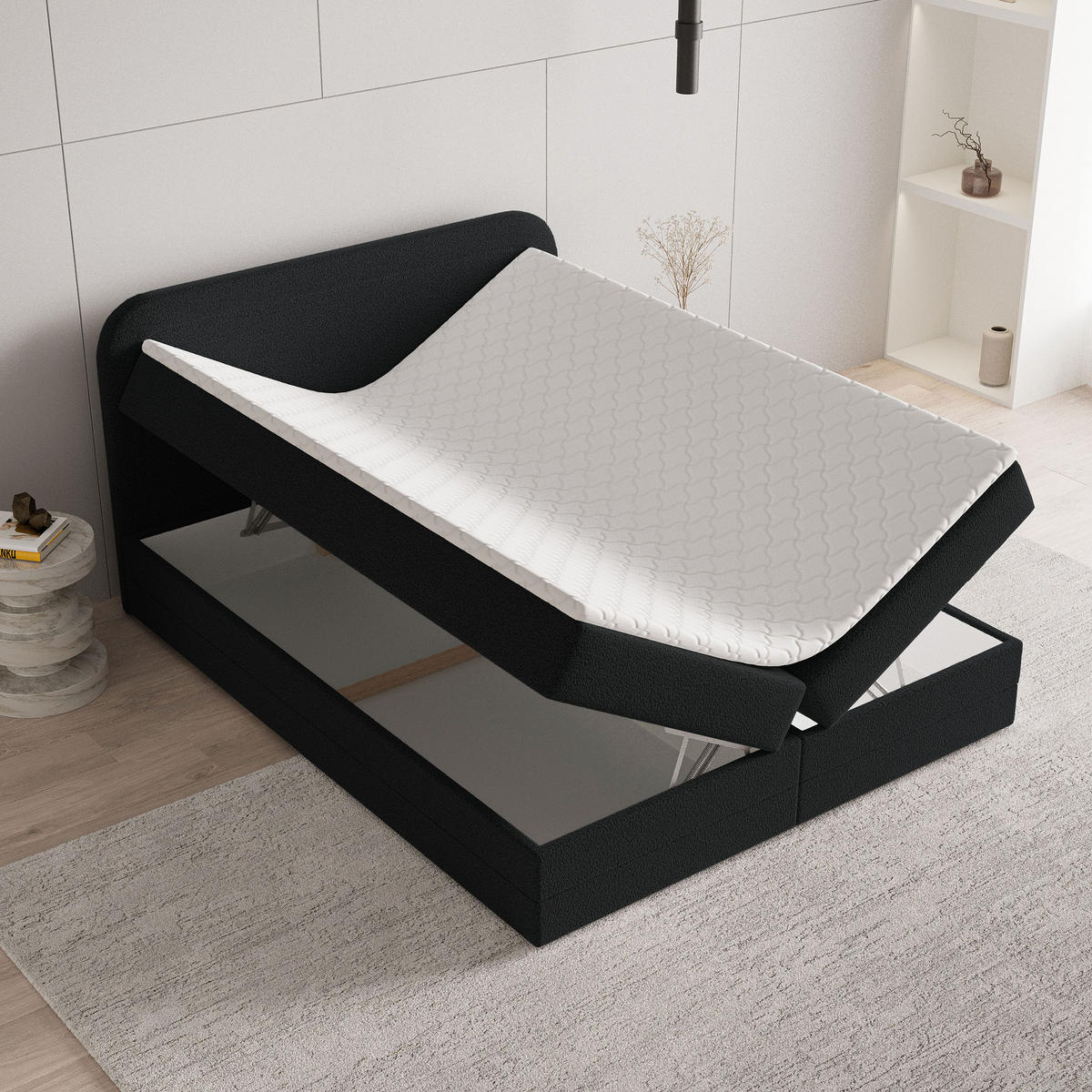 BOXBETT ARMEL 180x200 cm mit Matratze und Topper - Schwarz - Schwarz, Holz (180/200cm) - MASSENO