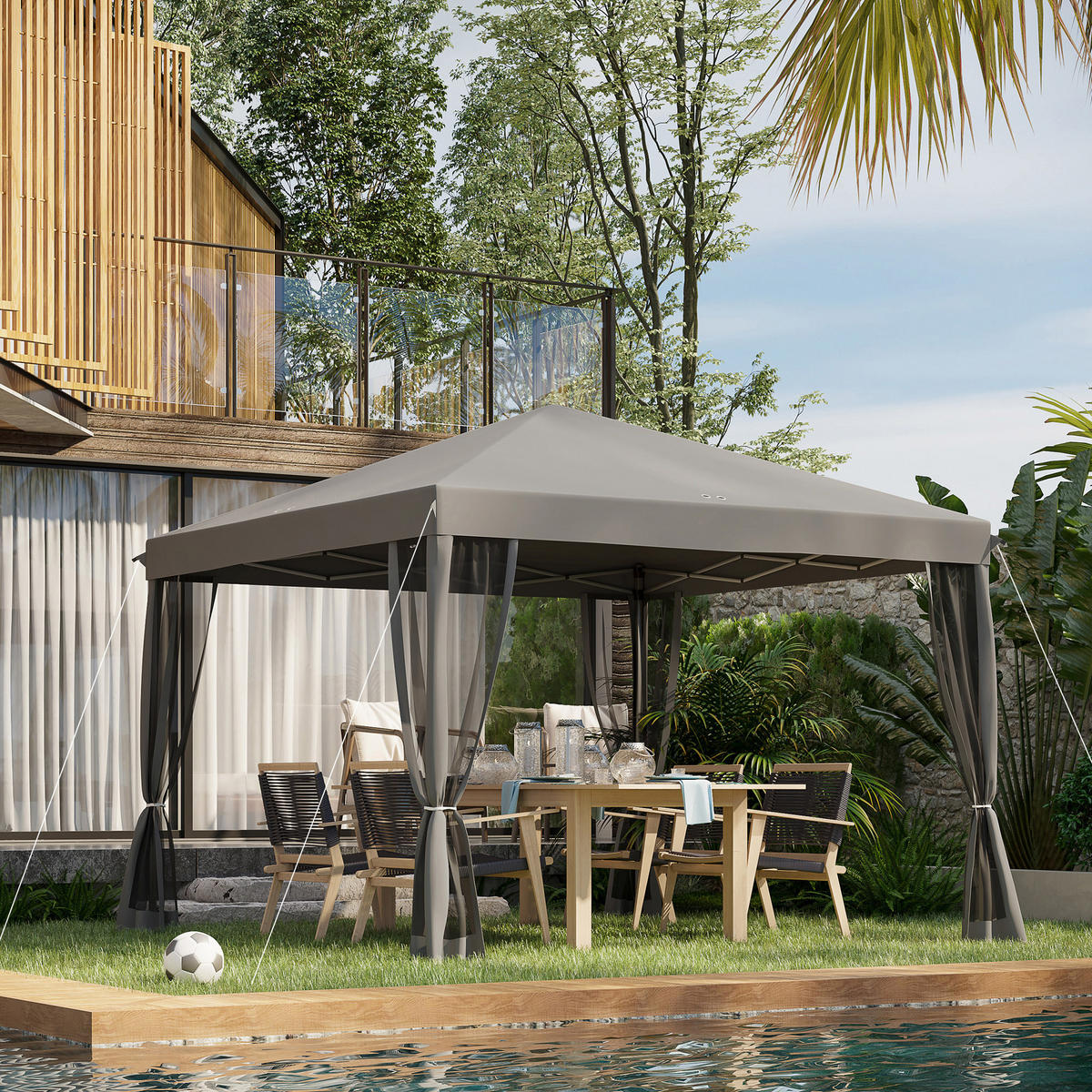 PAVILLON DE-07485 mit Seitenwänden und 420D Oxfordstoff Hellgrau - Hellgrau/Schwarz, Textil/Metall (295/260/295cm) - ComfortXL