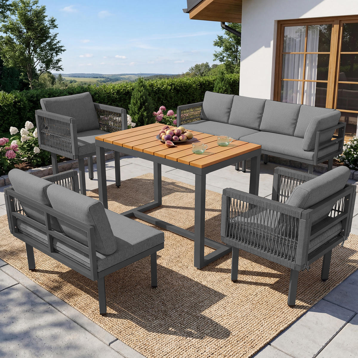 GARTENLOUNGE 6-teilig Ecksofa Sessel Tisch Outdoor Grau - Grau, Metall - FLIEKS
