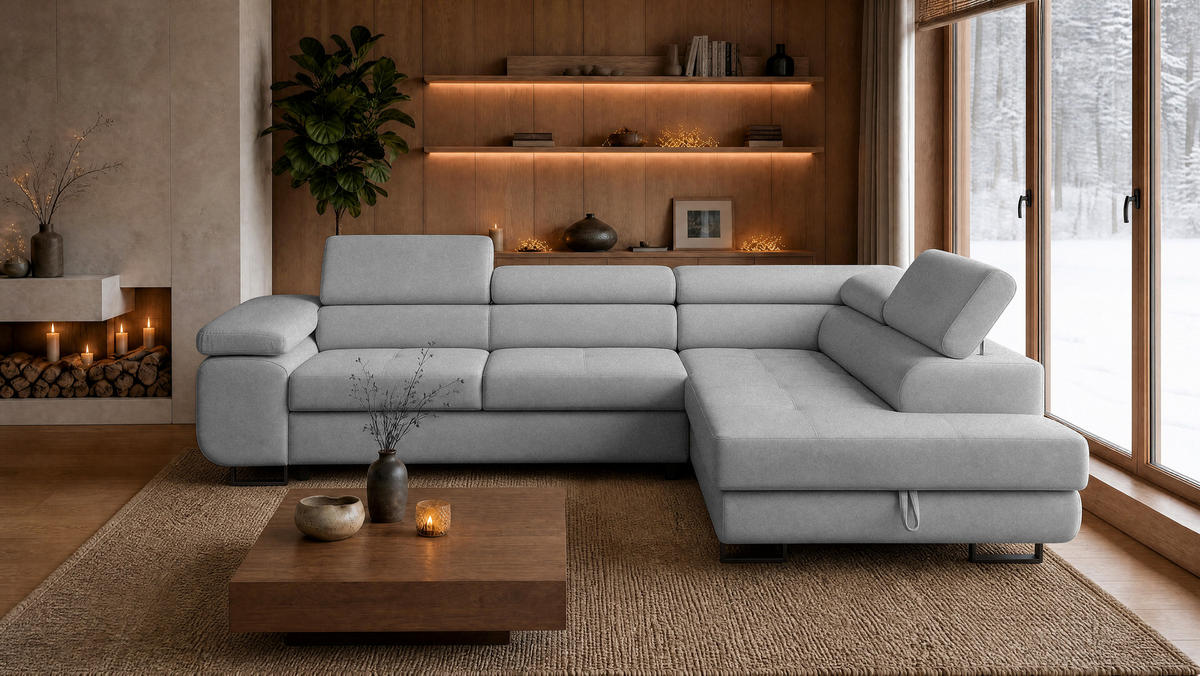 ECKSOFA Velmo mit Bettkasten und Schlaffunktion, verstellbaren Kopfstützen, in L-Form - Hellgrau, Textil (275/203cm)