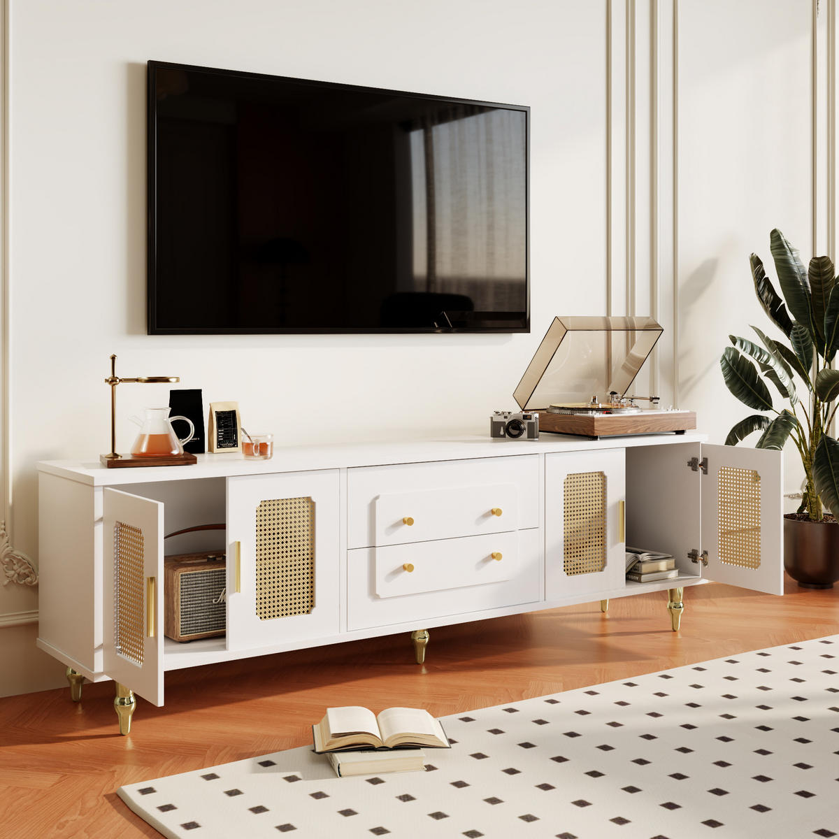 TV-LOWBOARD Retro Rattan Tür Metallbeine - Weiß, Holzwerkstoff (175/55.5/38cm) - LEBENLANG