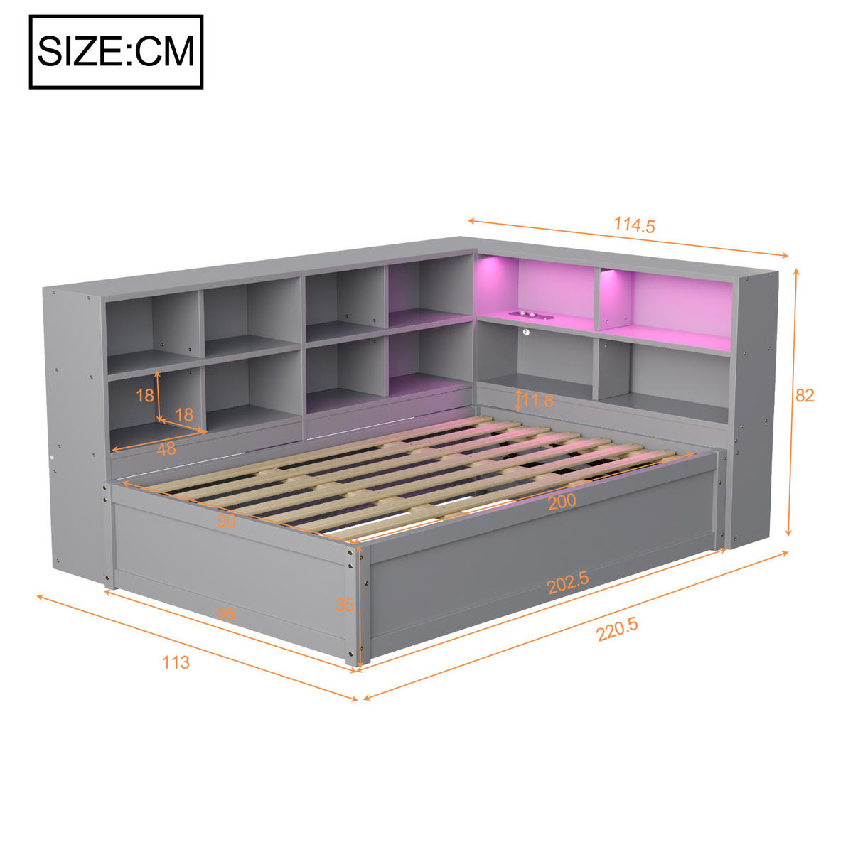 BETT mit hydraulischem Bett und LED-Beleuchtung Grau 90/200 cm - Grau, Holz (90/200cm) - OKWISH