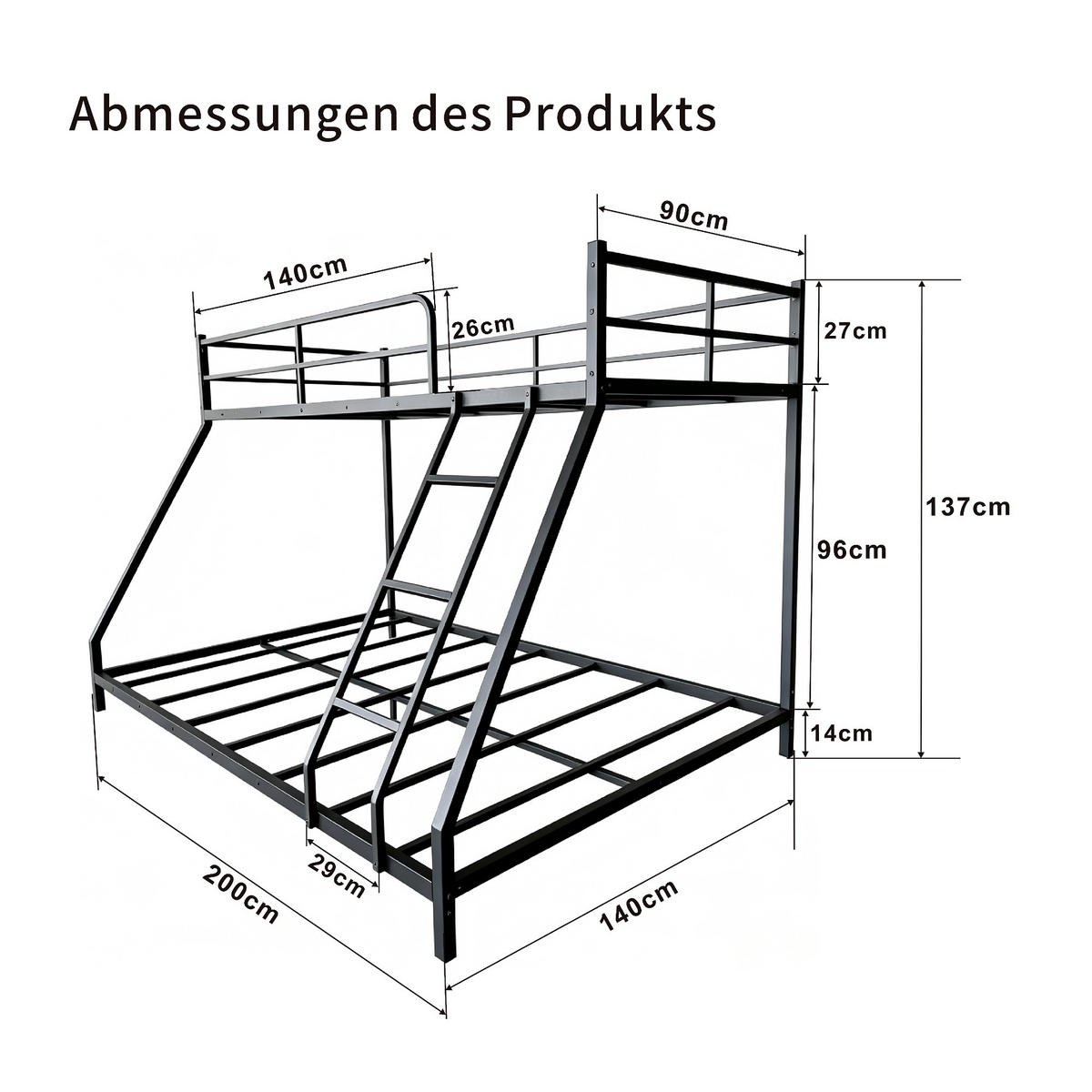 BETT Etagenbett 140x200 cm Metall Schwarz - Schwarz, Metall (140/200cm) - Meubliv