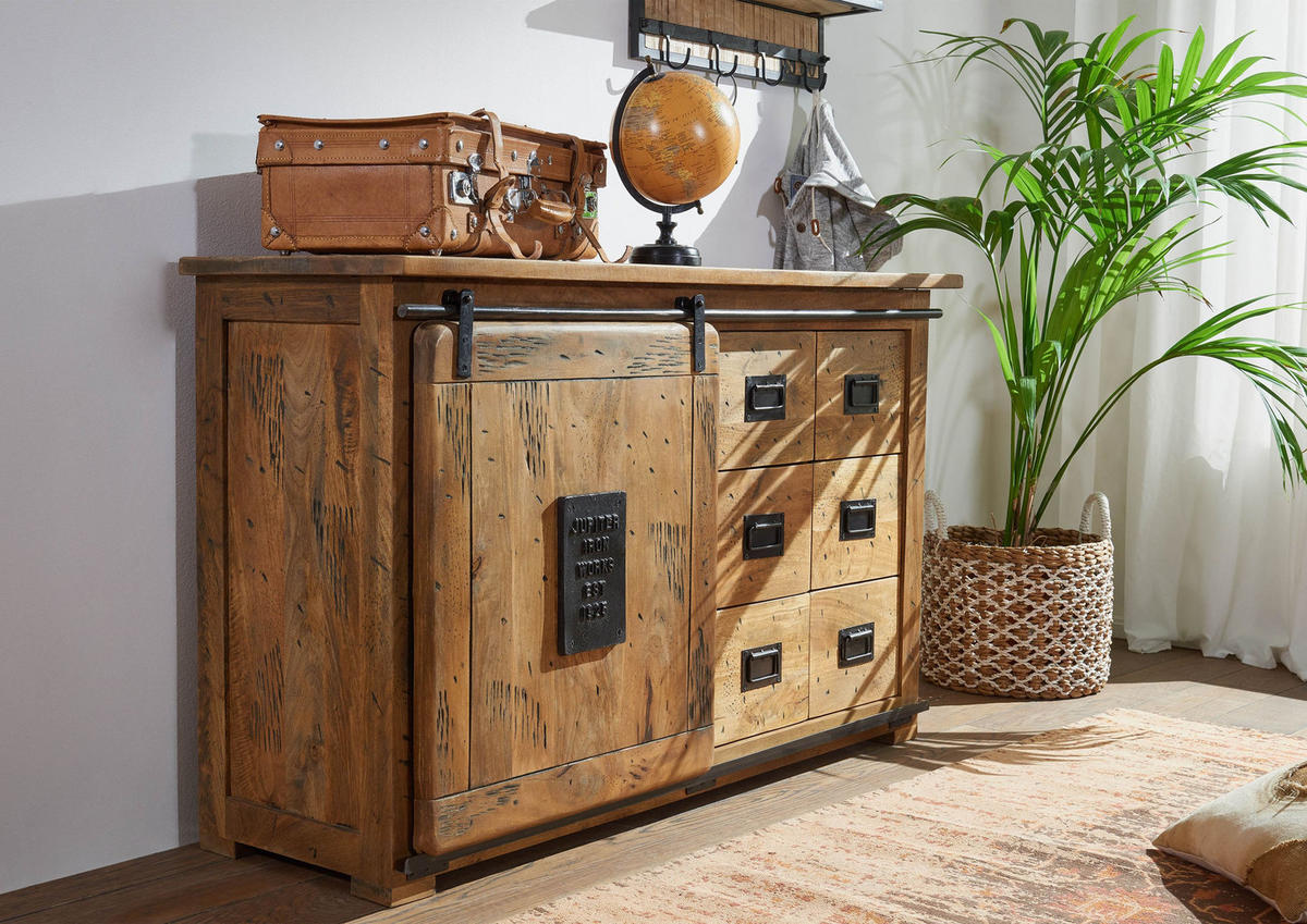 SIDEBOARD Mango 140x45x85 natur lackiert RAILWAY #121 - Braun, Holz (140/85/45cm) - Massivmoebel24