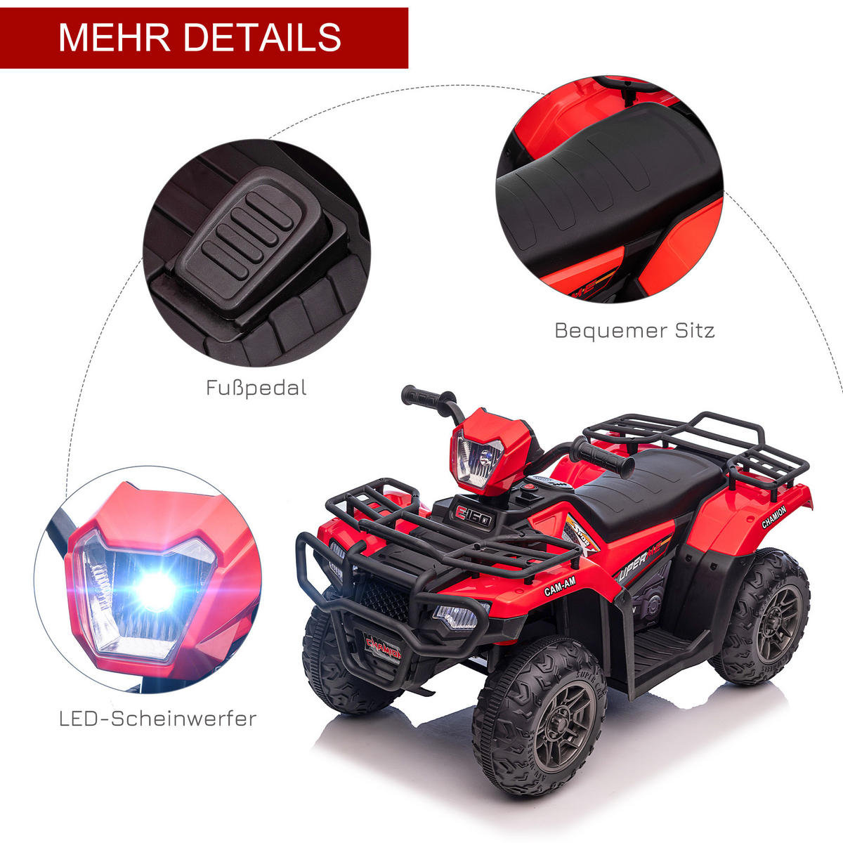 MINI ELEKTRO-QUAD KINDER, Schwarz+Rot, Kunststoff+ Stahl - Rot/Schwarz, Metall (88/45/50cm) - HOMCOM