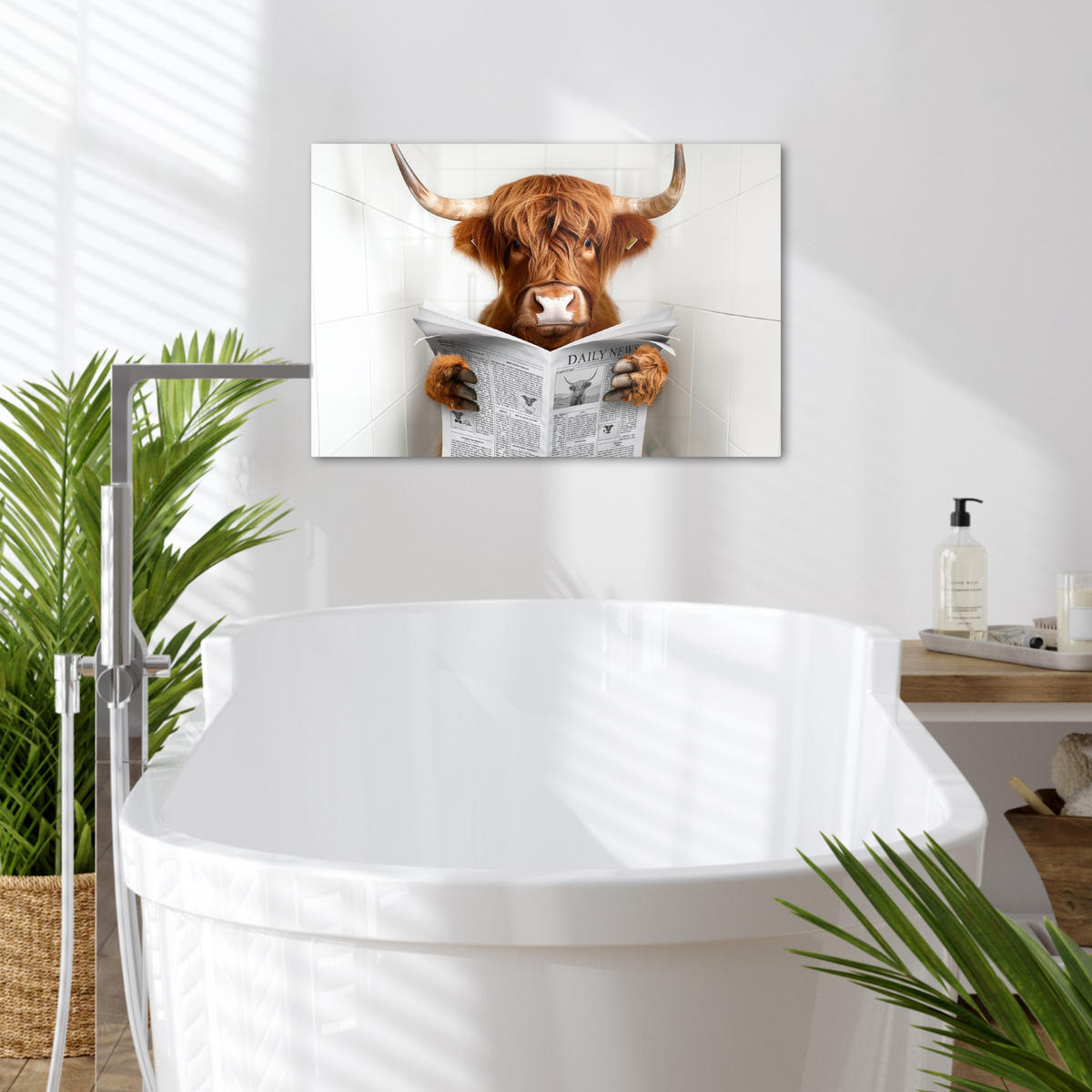 LEINWANDBILD Schottischer Highlander - Tier - Zeitung - Toilette Gemälde 60x40 cm - Kastanienfarben, Textil (60/40cm) - MuchoWow