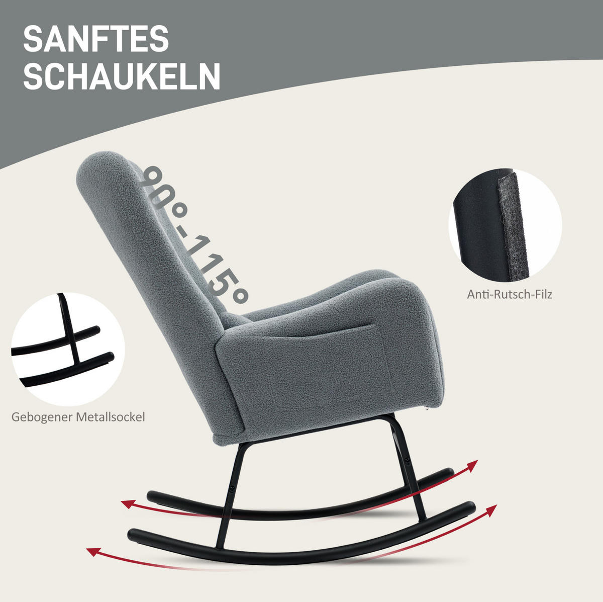 SCHAUKELSTUHL 95/67/100 cm grau aus Lammfell-Optik mit Seitentasche - Grau, Textil (67/100/95cm) - OKWISH