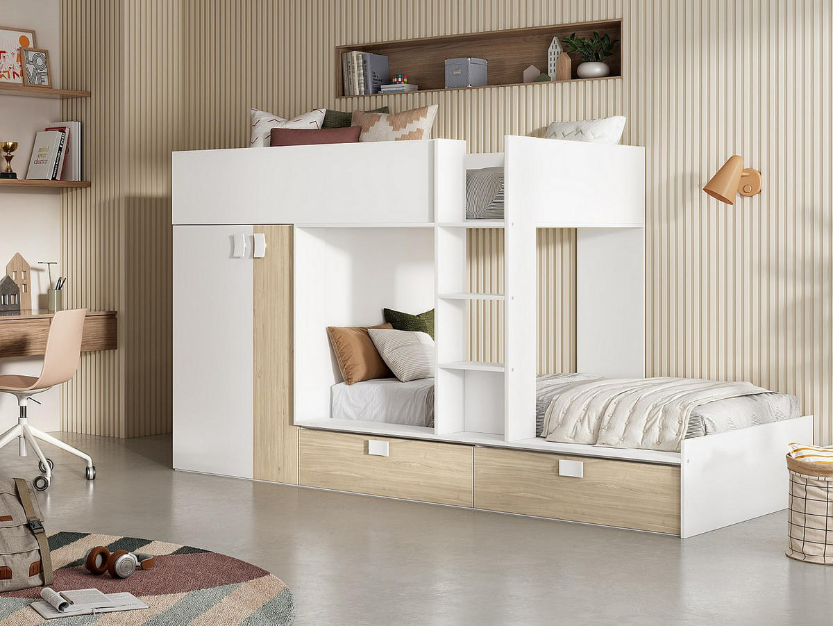 ETAGENBETT - 2 Personen - Holz, Platte - Naturfarben Hell, Weiß - - Naturfarben/Weiß, Holz (90/190cm) - Vente-Unique