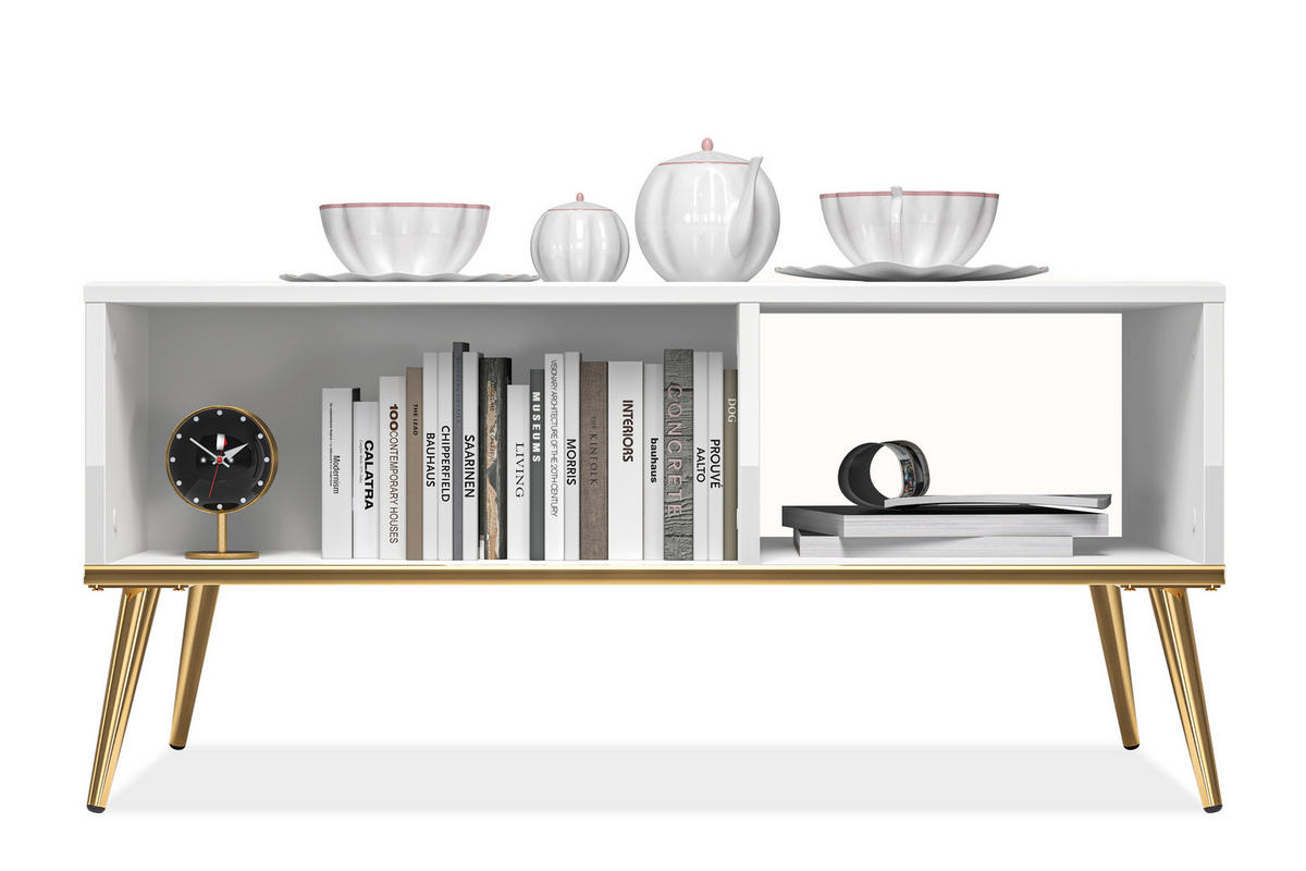 COUCHTISCH ISORIA mit Stauraum, Glas Weiß - Goldfarben/Weiß, Holz/Metall (60/90/42cm) - KONSIMO®