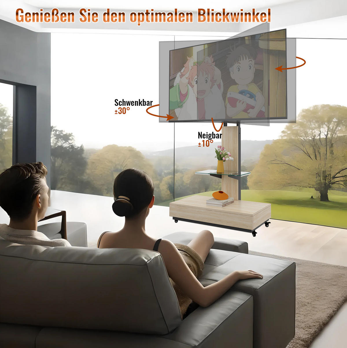 TV-HALTERUNG auf Rollen für 32–75 Zoll – höhenverstellbar & schwenkbar - Hellbraun, Holzwerkstoff (80/150/40cm) - BEAOK