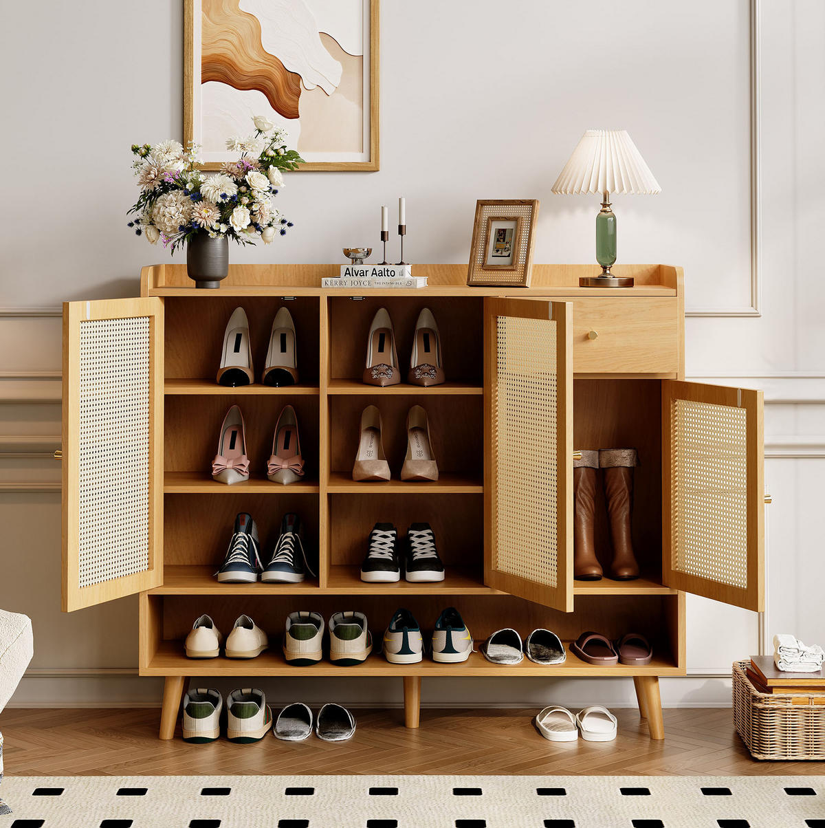 SCHUHSCHRANK 120/35/106 cm mit 3 Türen, 1 Schublade und natürlicher Optik - Naturfarben, Holzwerkstoff (120/106/35cm) - BEAOK