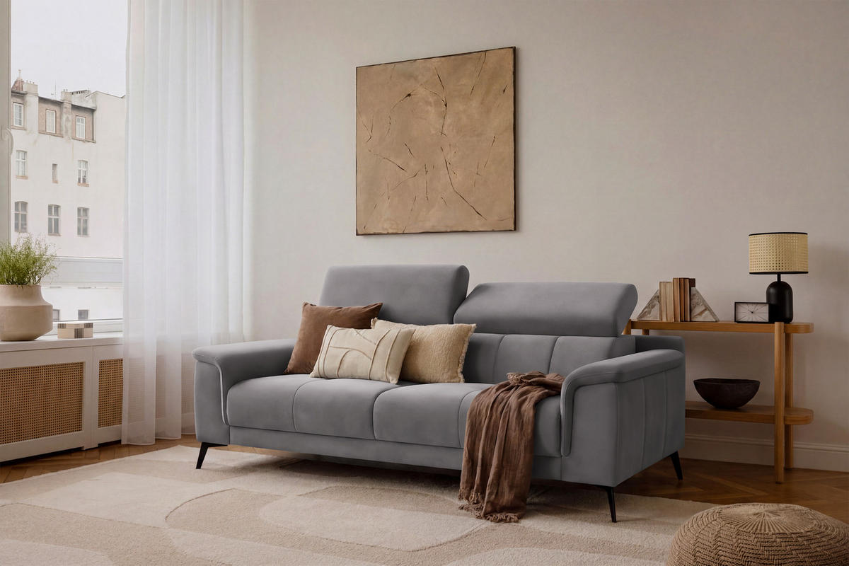 SOFA FIERO 3-Sitzer, Dunkelgrauer Veloursstoff - Dunkelgrau/Schwarz, Holz/Textil (212/82/103cm) - Courtois Laville