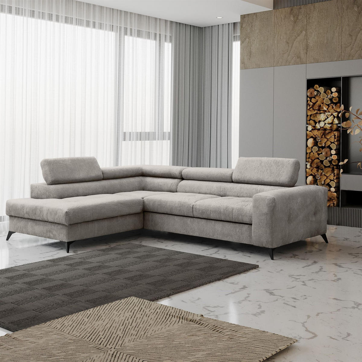ECKSOFA Schlafsofa Amadeo In Anafi - Hellgrau, Holzwerkstoff/Textil (271/202cm) - Fun Möbel