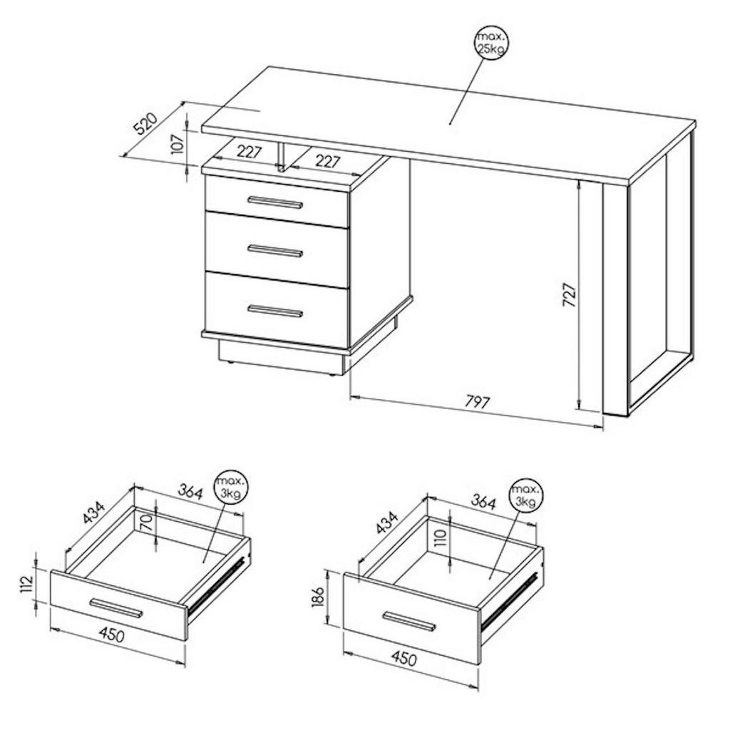 Thumbnail - Feldmann-Wohnen Schreibtisch, Braun, Schwarz, Holz, 1 Fächer, 3 Schubladen, Rechteckig,Rechteckig, 135x75x56 cm, Arbeits...