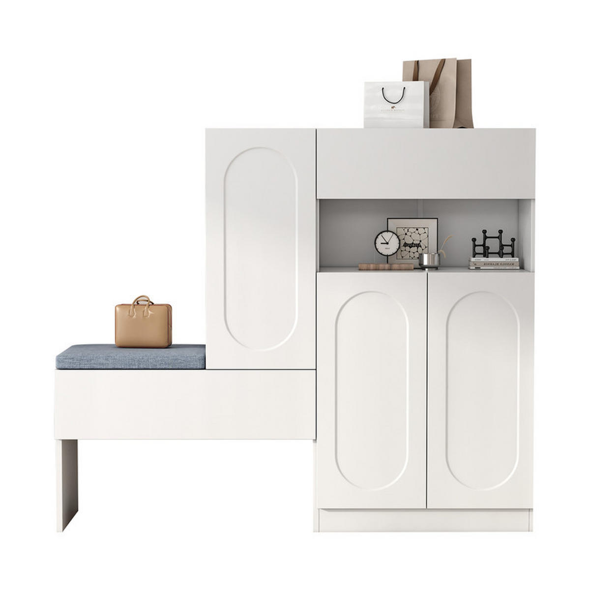 SCHUHSCHRANK 2-IN-1 WEISS mit gewölbten Türen Soft-Close und Sitzbank 130x35x110 cm - Weiß, Holzwerkstoff (35/110/130cm) - Fuleadture