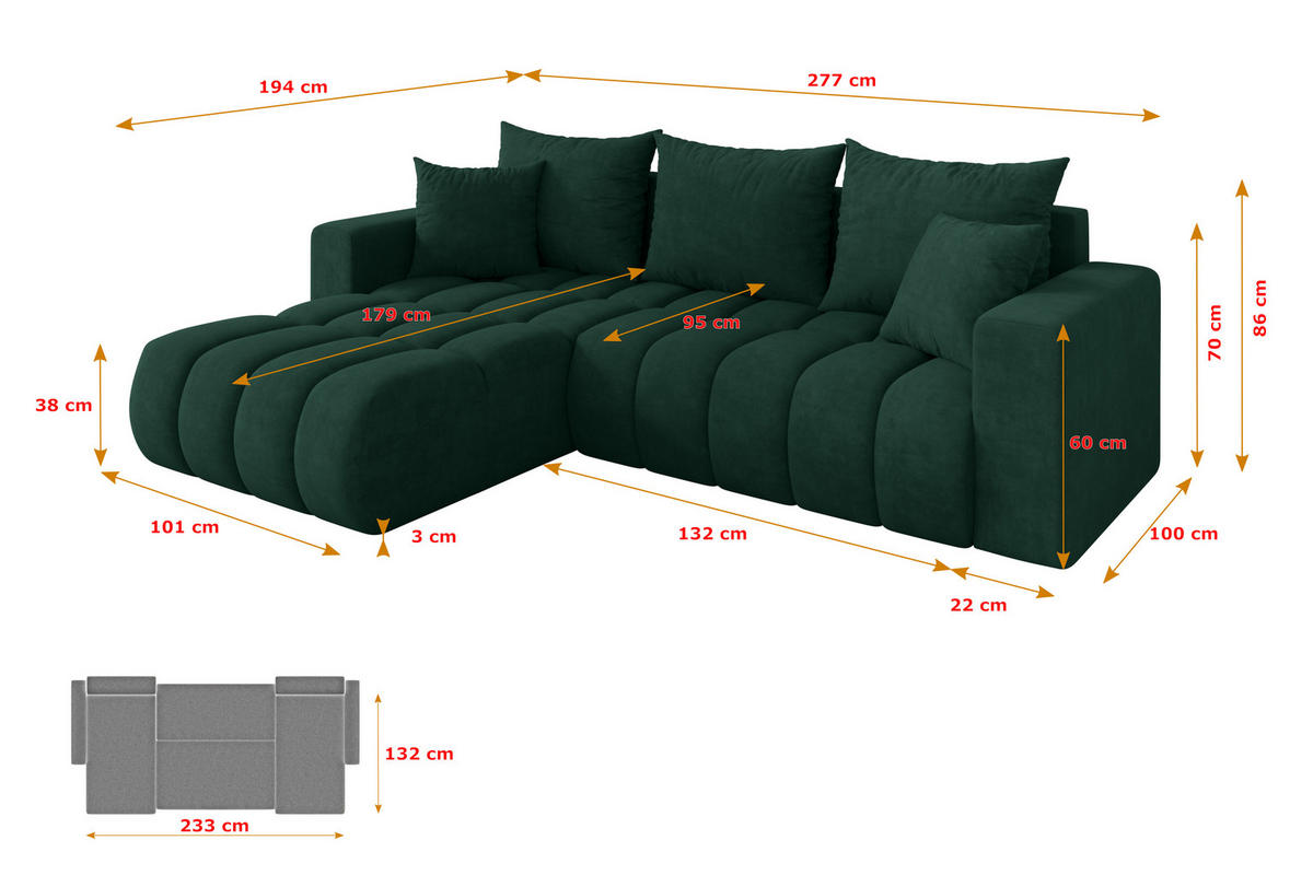 ROHOVÁ SEDAČKA s funkcí spaní, otoman vlevo MILA-L-v1 277x195x86 zelená velur - černá/zelená barva, kompozitní dřevo/textil (277/194cm) - ALTDECOR