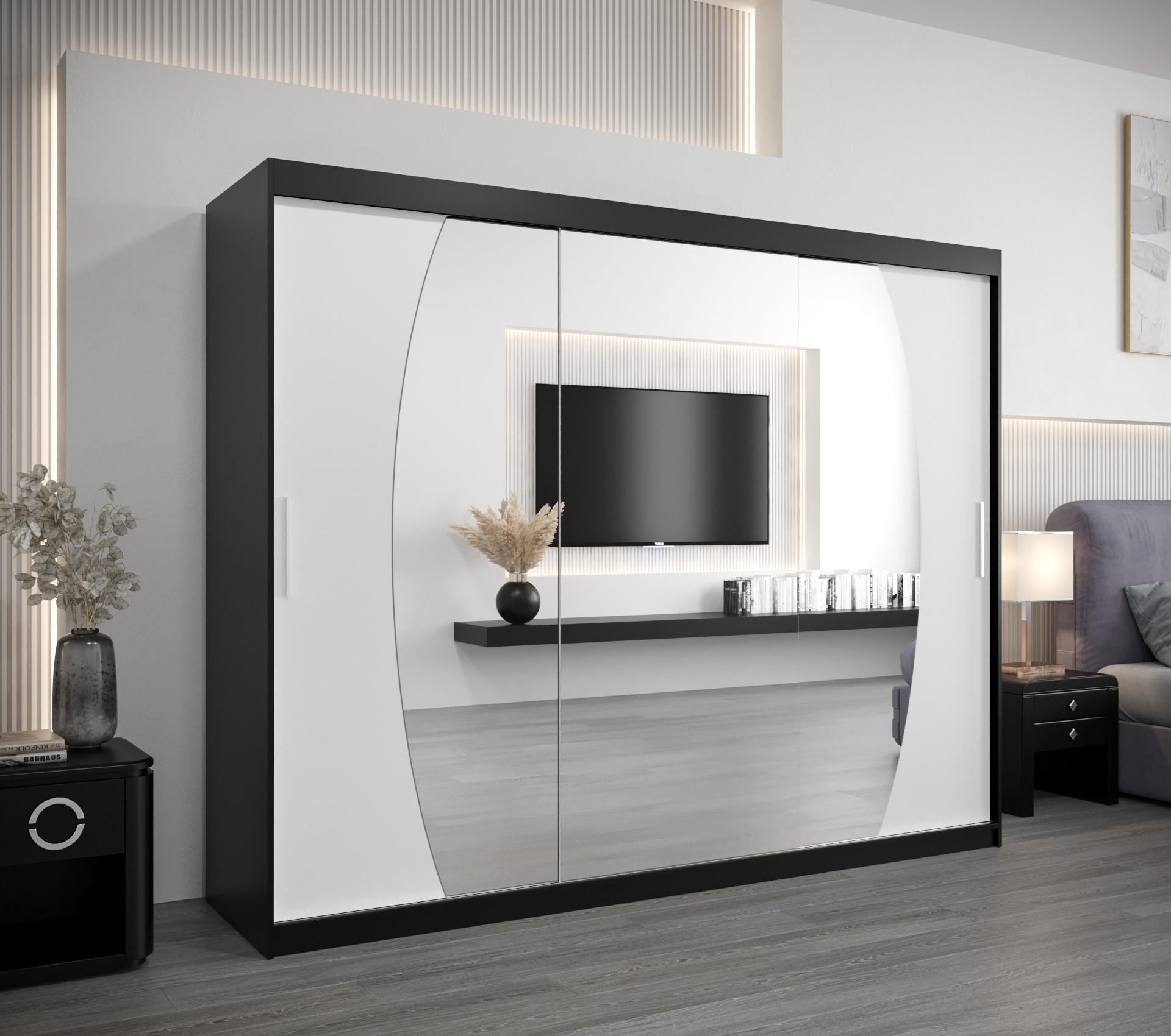 SCHWEBETÜRENSCHRANK 200/250/62 3-türig - Silberfarben/Schwarz, Holz/Kunststoff (250/200/62cm) - Abiks Möbel