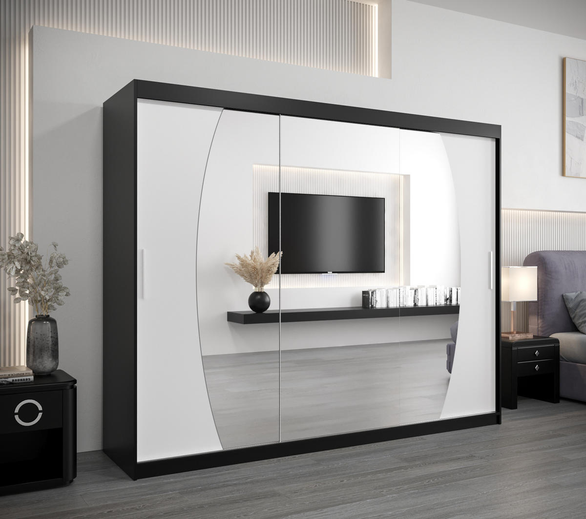 SCHWEBETÜRENSCHRANK 200/250/62 3-türig - Silberfarben/Schwarz, Holz/Kunststoff (250/200/62cm) - Abiks Möbel