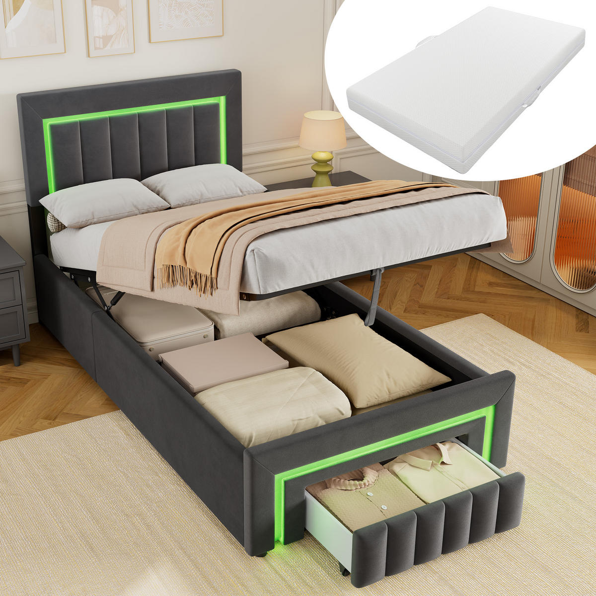 ČALOUNĚNÁ POSTEL 90/200 cm s matrací a úložným prostorem, se zásuvkami a LED osvětlením, šedá - šedá, kov/kompozitní dřevo (90/200cm) - STILVORA