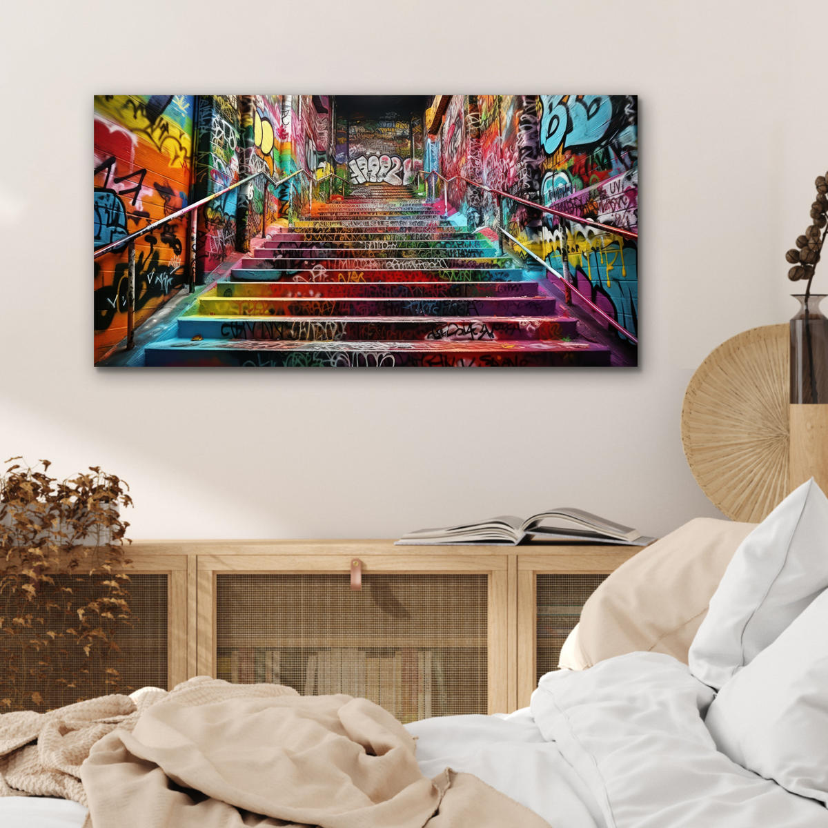 KOVOVÝ OBRAZ Schody - Graffiti - Farby - Umenie 80x40 cm - viacfarebná, kov (80/40cm) - MuchoWow