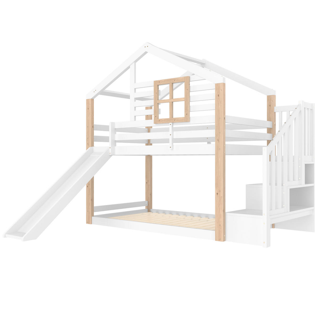 ETAGENBETT aus Holz 90x200 cm Weiß mit Rutsche, Treppe mit Stauraum und Haus-Design - Weiß, Holzwerkstoff (90/200cm) - Modfu