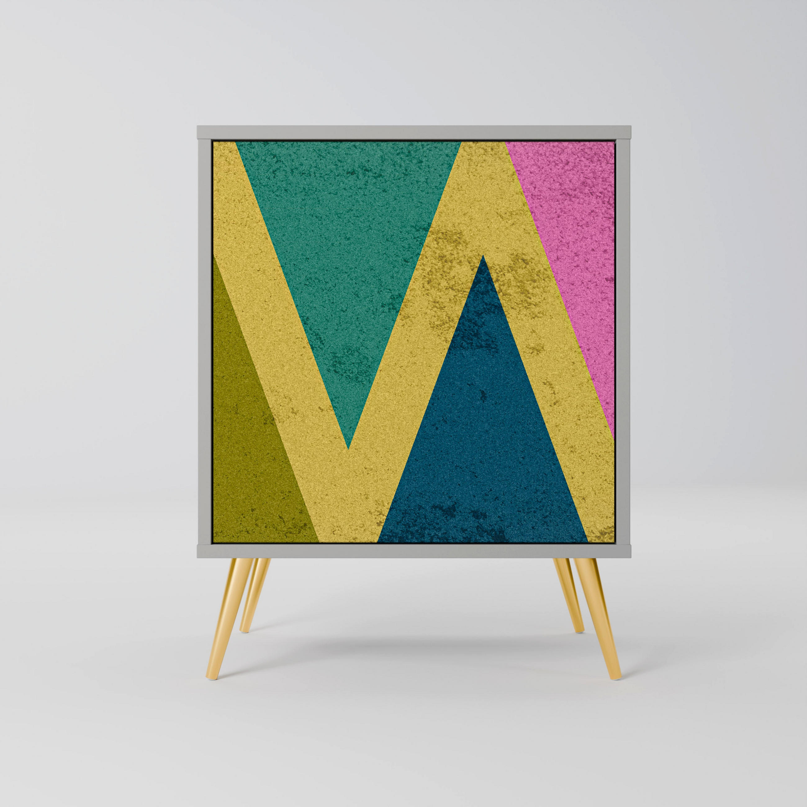 SIDEBOARD COLORFUL TRIANGLES, Grau, 57,5x42x75,5 cm, Goldfarbene Metallfüße - Goldfarben/Multicolor, Holzwerkstoff/Metall (57.5/75.5/42cm) - SpaceRebels
