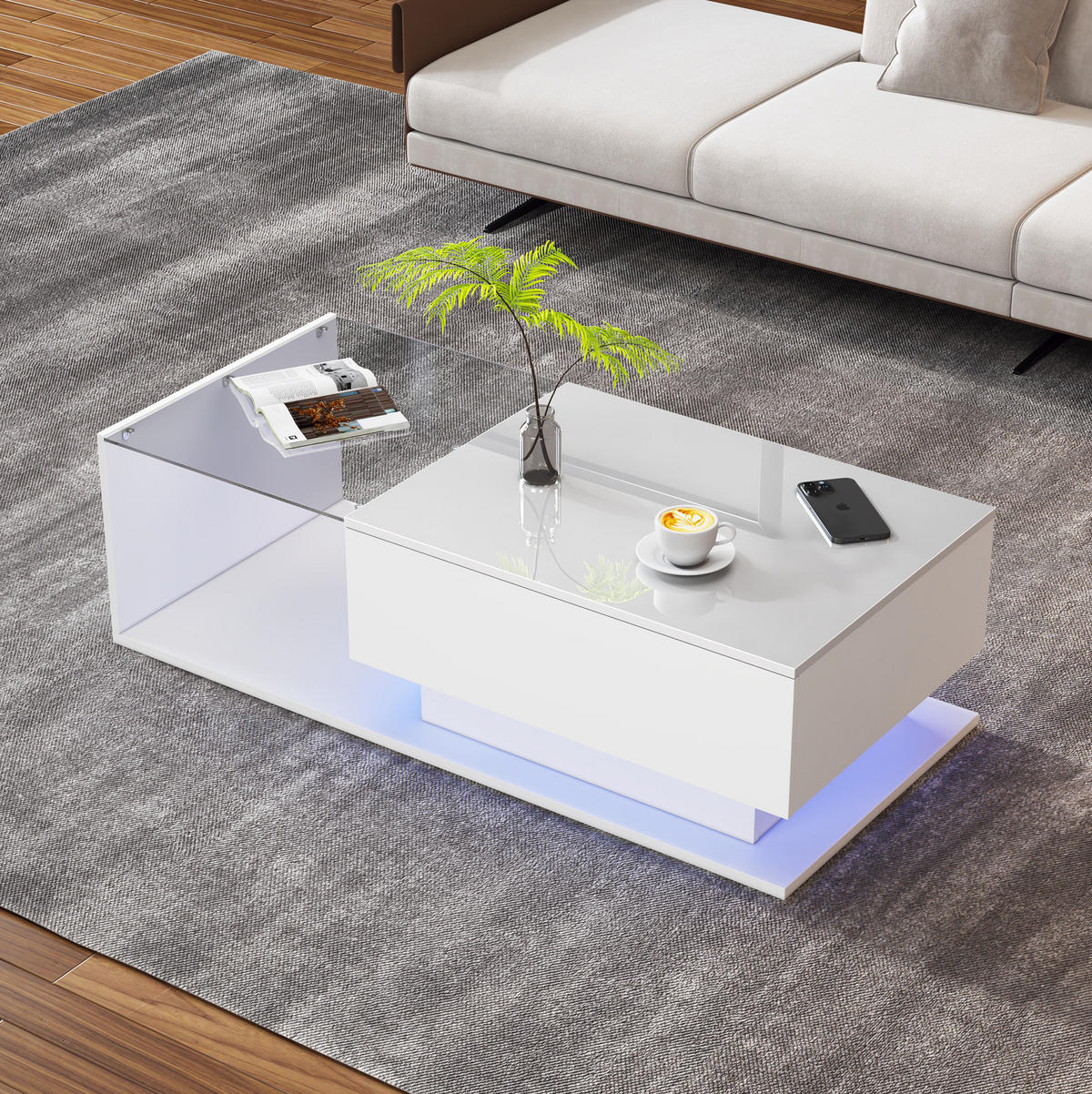 COUCHTISCH aus Spanplatte 100x50x32 cm Weiß mit LED & Schublade - Weiß, Holzwerkstoff (100/50/32cm) - Modfu