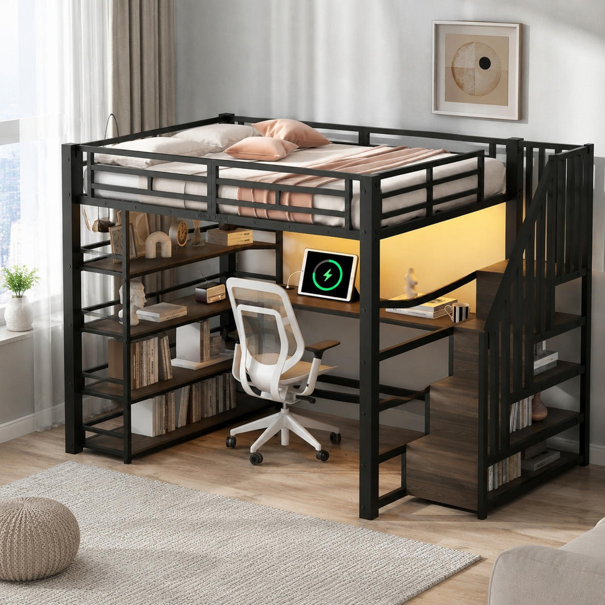 HOCHBETT 140/200 mit Schreibtisch, LED und Stauraumtreppe in Schwarz - Schwarz, Holzwerkstoff/Metall (140/200cm) - EVRYAE